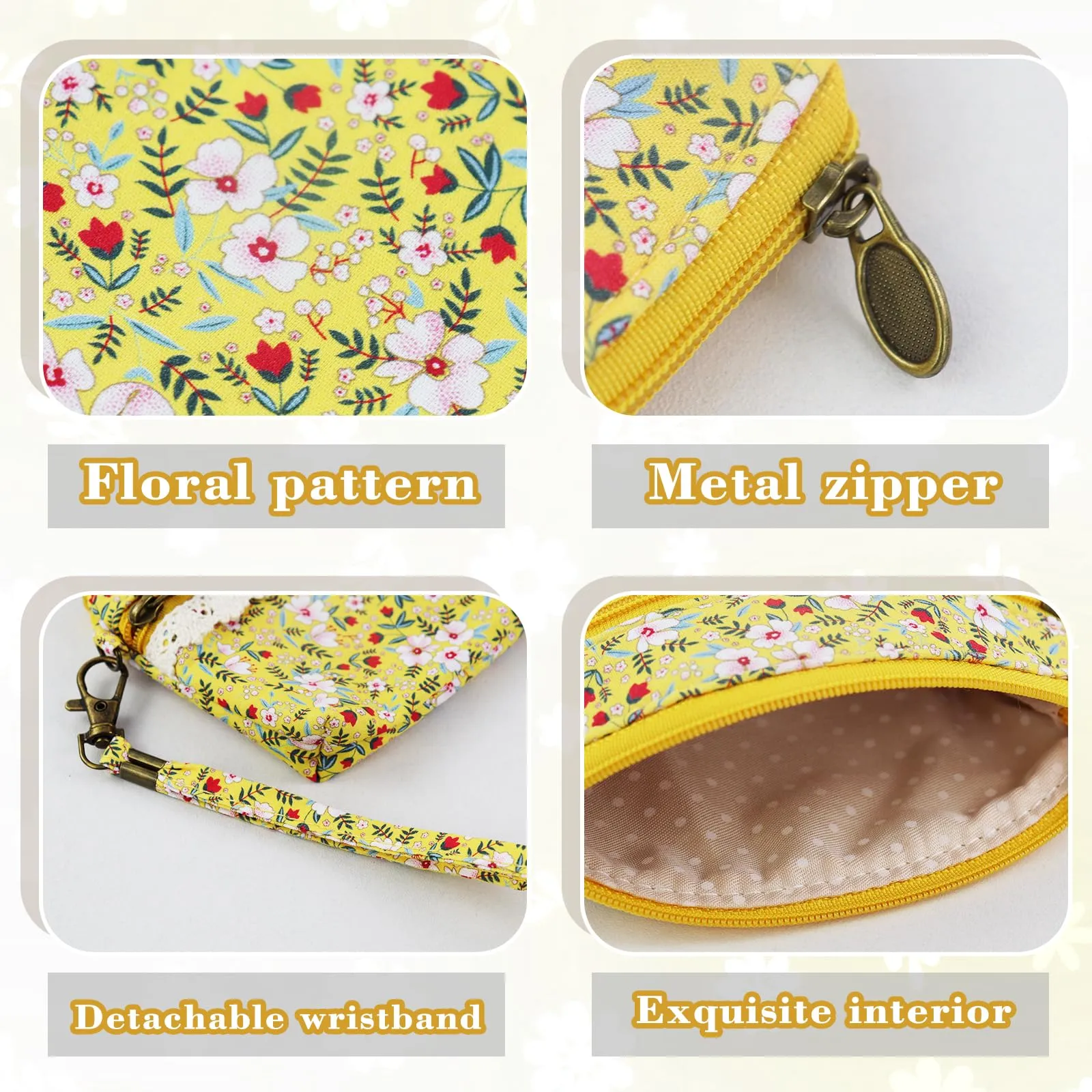 AfitLulu Portafoglio Donna Piccolo Mini Fiore con Chiusura Lampo e Cordino, Giallo - immagine 3