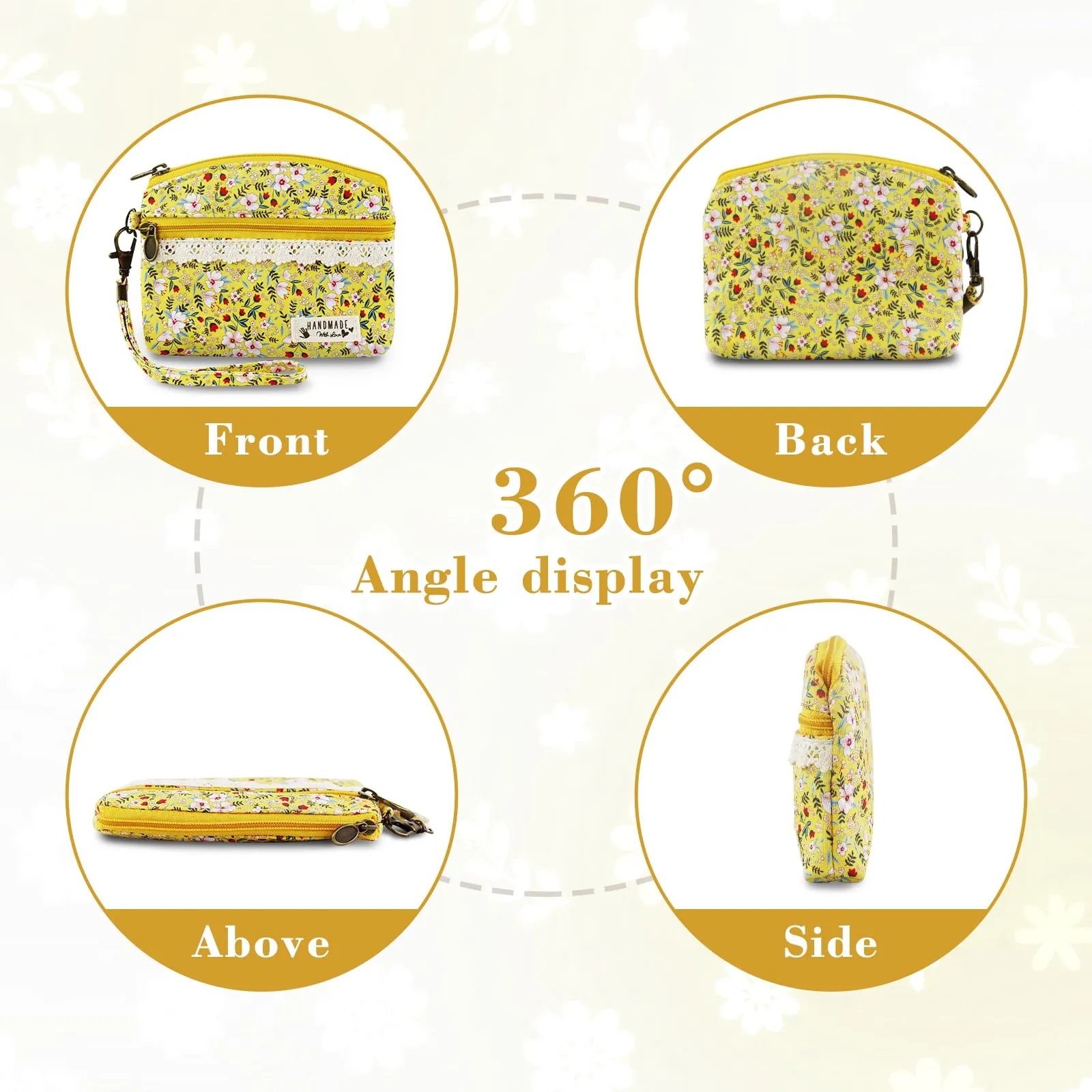 AfitLulu Portafoglio Donna Piccolo Mini Fiore con Chiusura Lampo e Cordino, Giallo - immagine 4