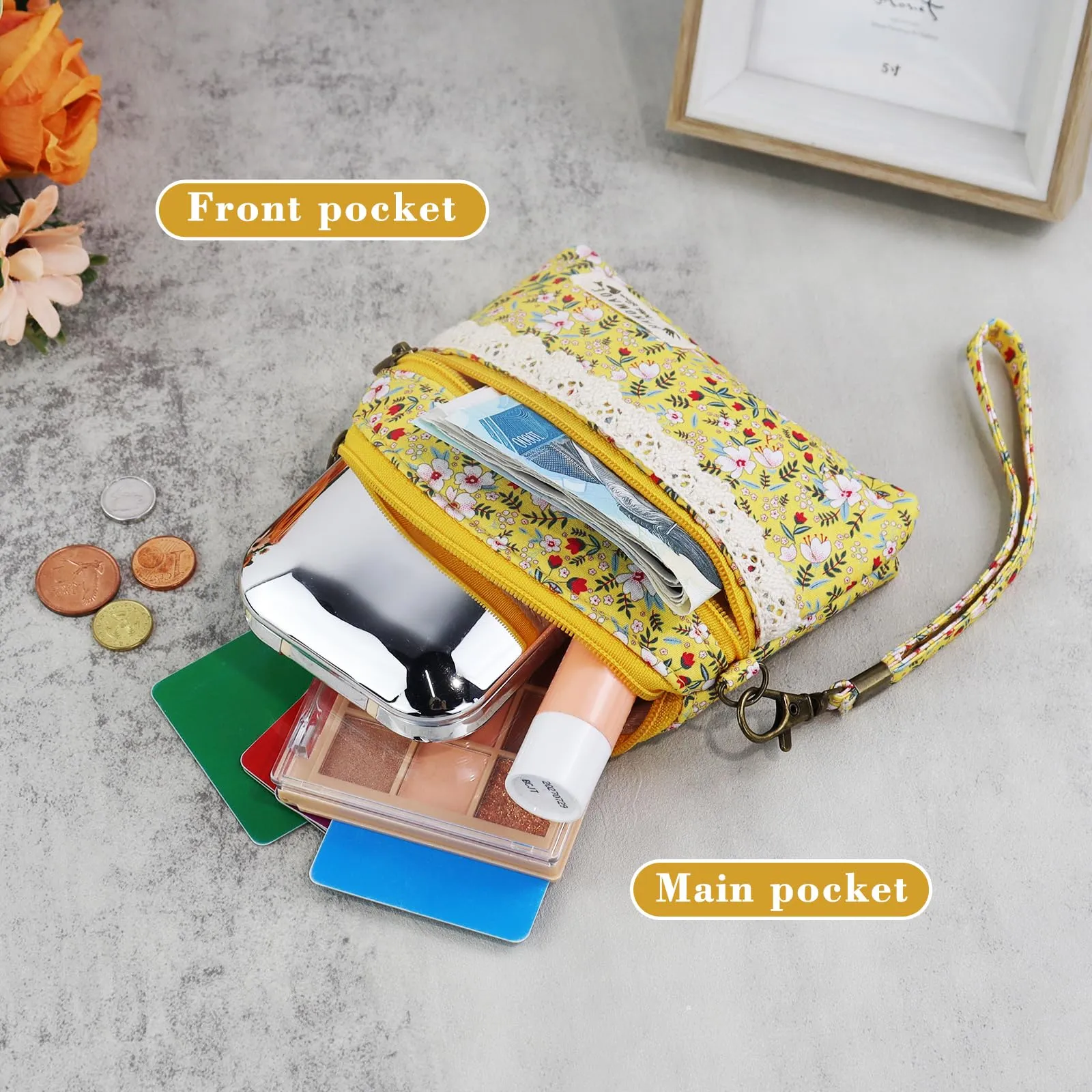 AfitLulu Portafoglio Donna Piccolo Mini Fiore con Chiusura Lampo e Cordino, Giallo - immagine 5