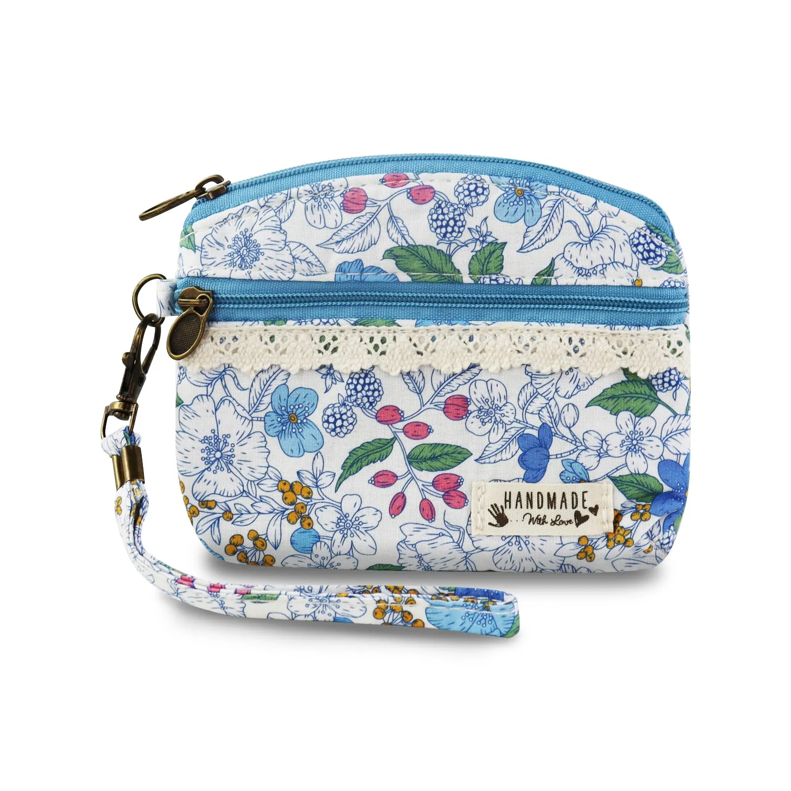 AfitLulu Portafoglio Donna Piccolo Mini Fiore, Portamonete a 2 Strati con Chiusura Lampo, Blu con Cordino - immagine 1