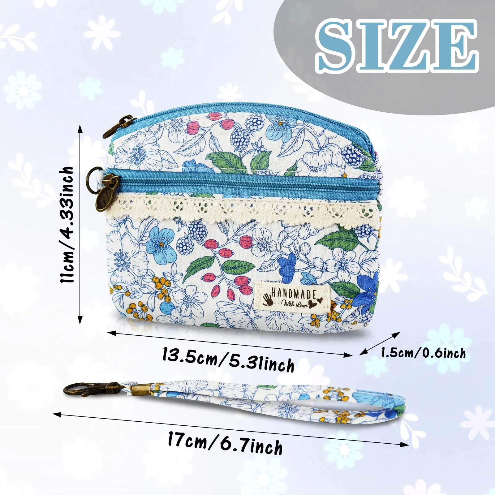 AfitLulu Portafoglio Donna Piccolo Mini Fiore, Portamonete a 2 Strati con Chiusura Lampo, Blu con Cordino - immagine 2