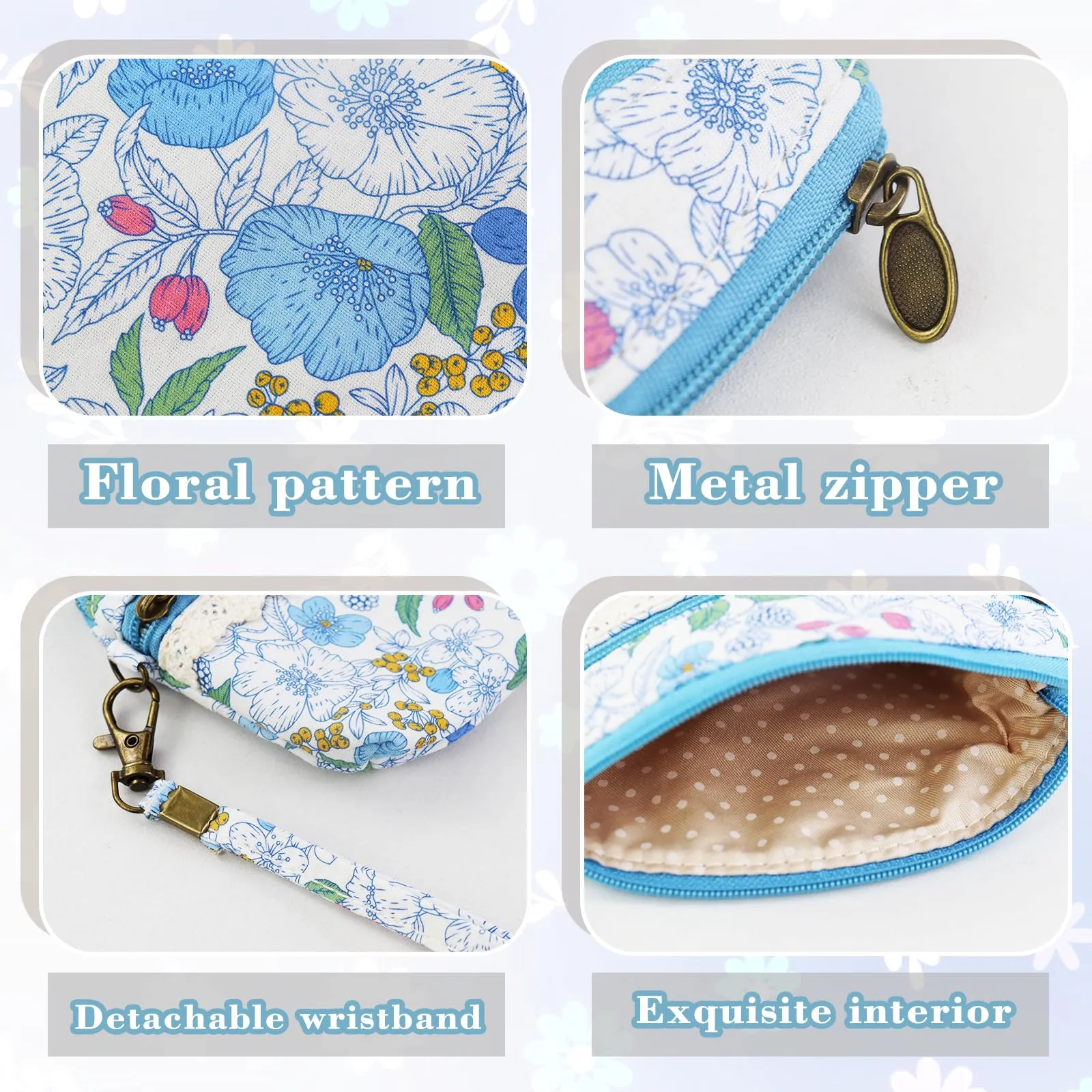 AfitLulu Portafoglio Donna Piccolo Mini Fiore, Portamonete a 2 Strati con Chiusura Lampo, Blu con Cordino - immagine 3