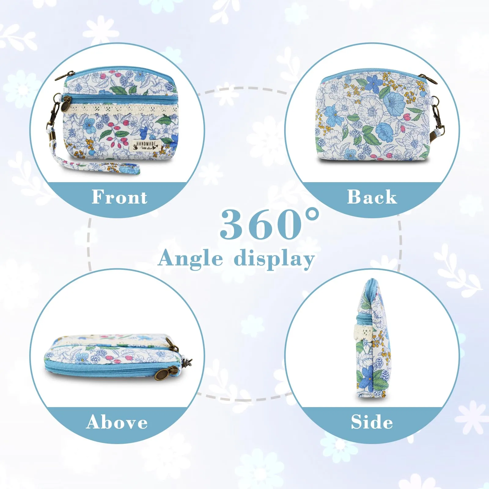AfitLulu Portafoglio Donna Piccolo Mini Fiore, Portamonete a 2 Strati con Chiusura Lampo, Blu con Cordino - immagine 4