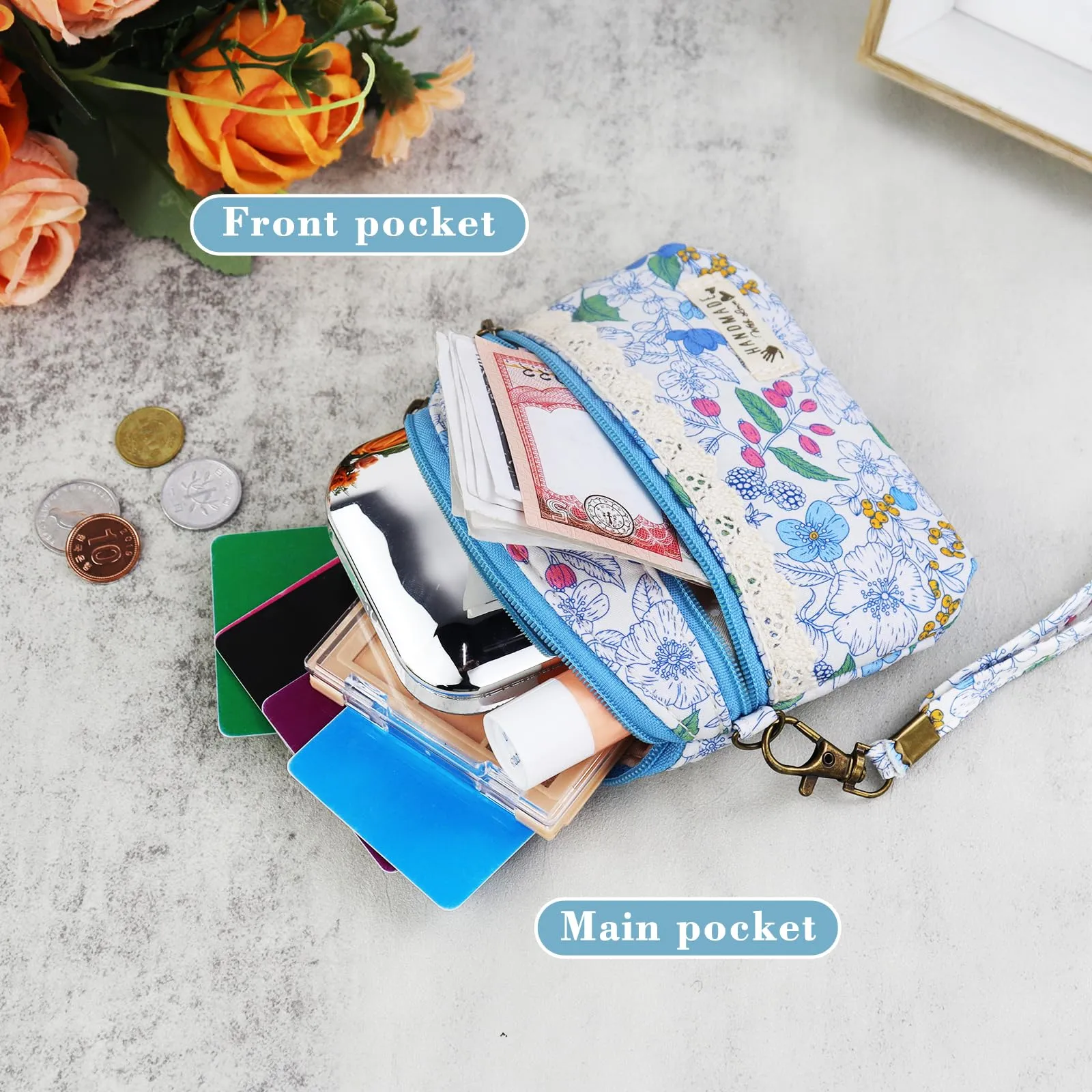 AfitLulu Portafoglio Donna Piccolo Mini Fiore, Portamonete a 2 Strati con Chiusura Lampo, Blu con Cordino - immagine 5