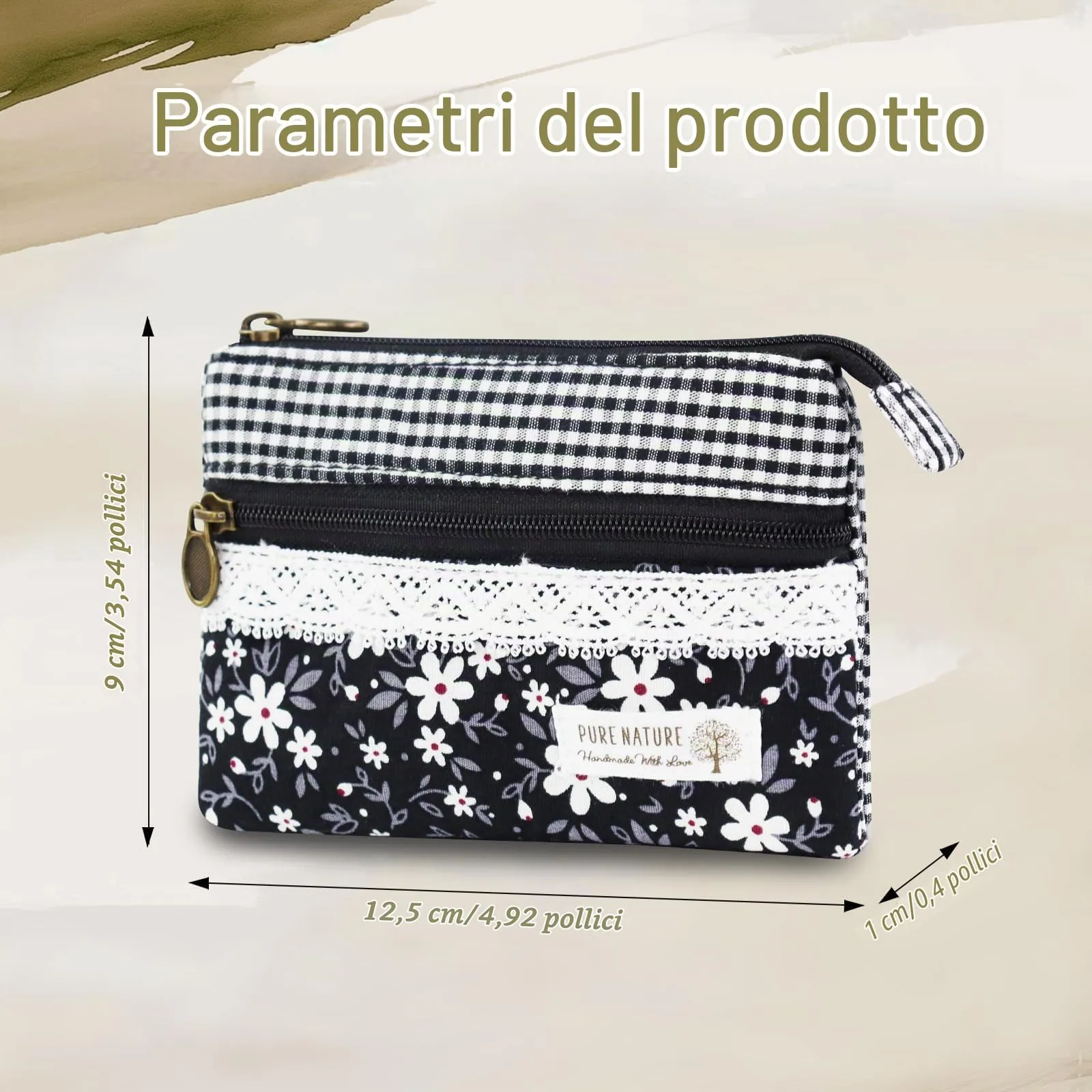 AfitLulu Portafoglio Donna Piccolo in Tela con Motivo Floreale, Mini Portamonete con Chiusura a Zip e Bottoni, Nero-Fiore - immagine 2