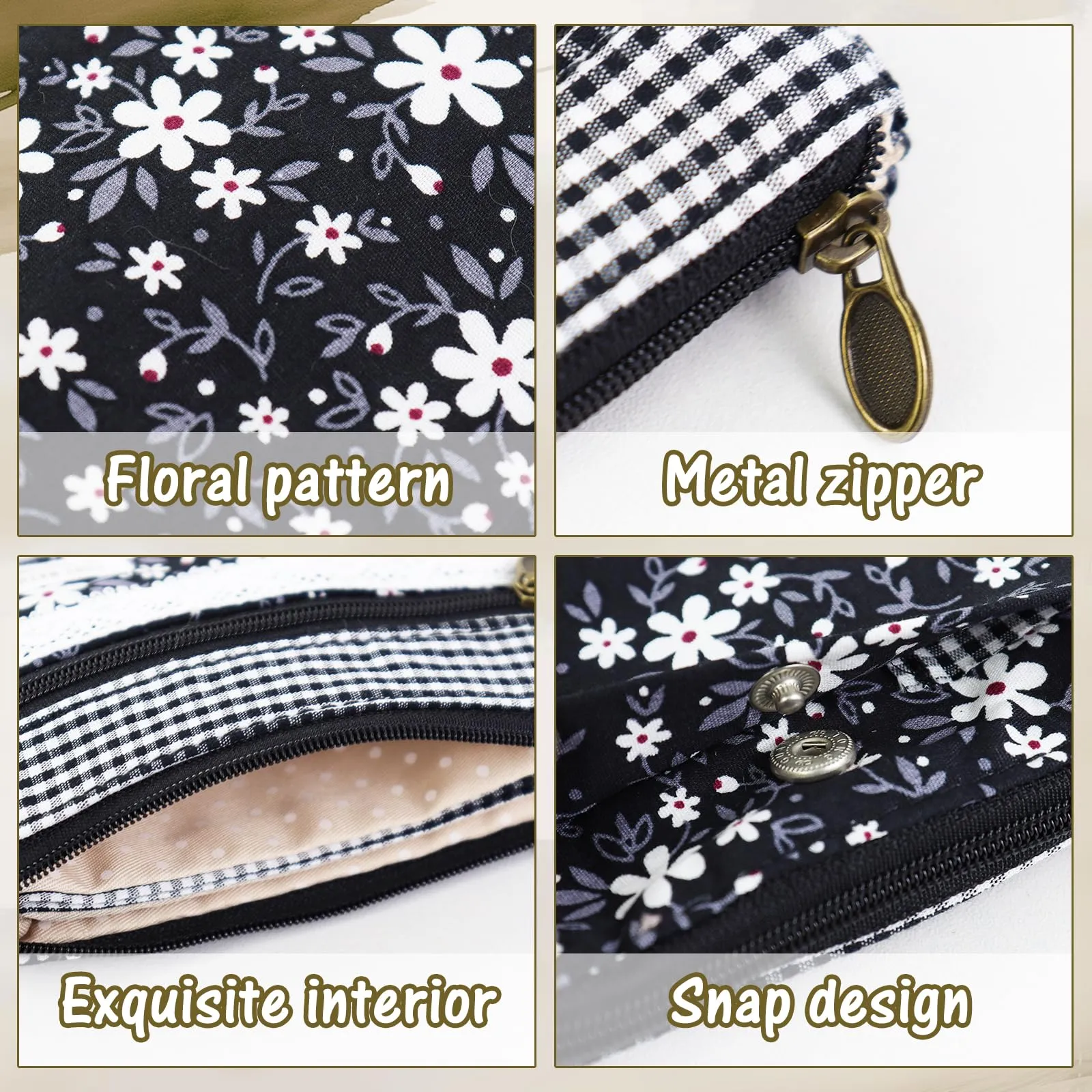 AfitLulu Portafoglio Donna Piccolo in Tela con Motivo Floreale, Mini Portamonete con Chiusura a Zip e Bottoni, Nero-Fiore - immagine 3