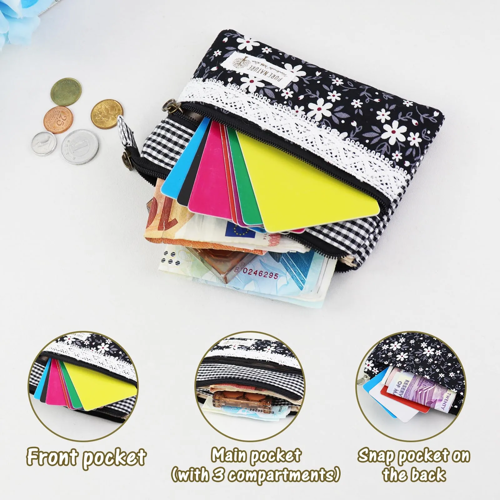 AfitLulu Portafoglio Donna Piccolo in Tela con Motivo Floreale, Mini Portamonete con Chiusura a Zip e Bottoni, Nero-Fiore - immagine 4