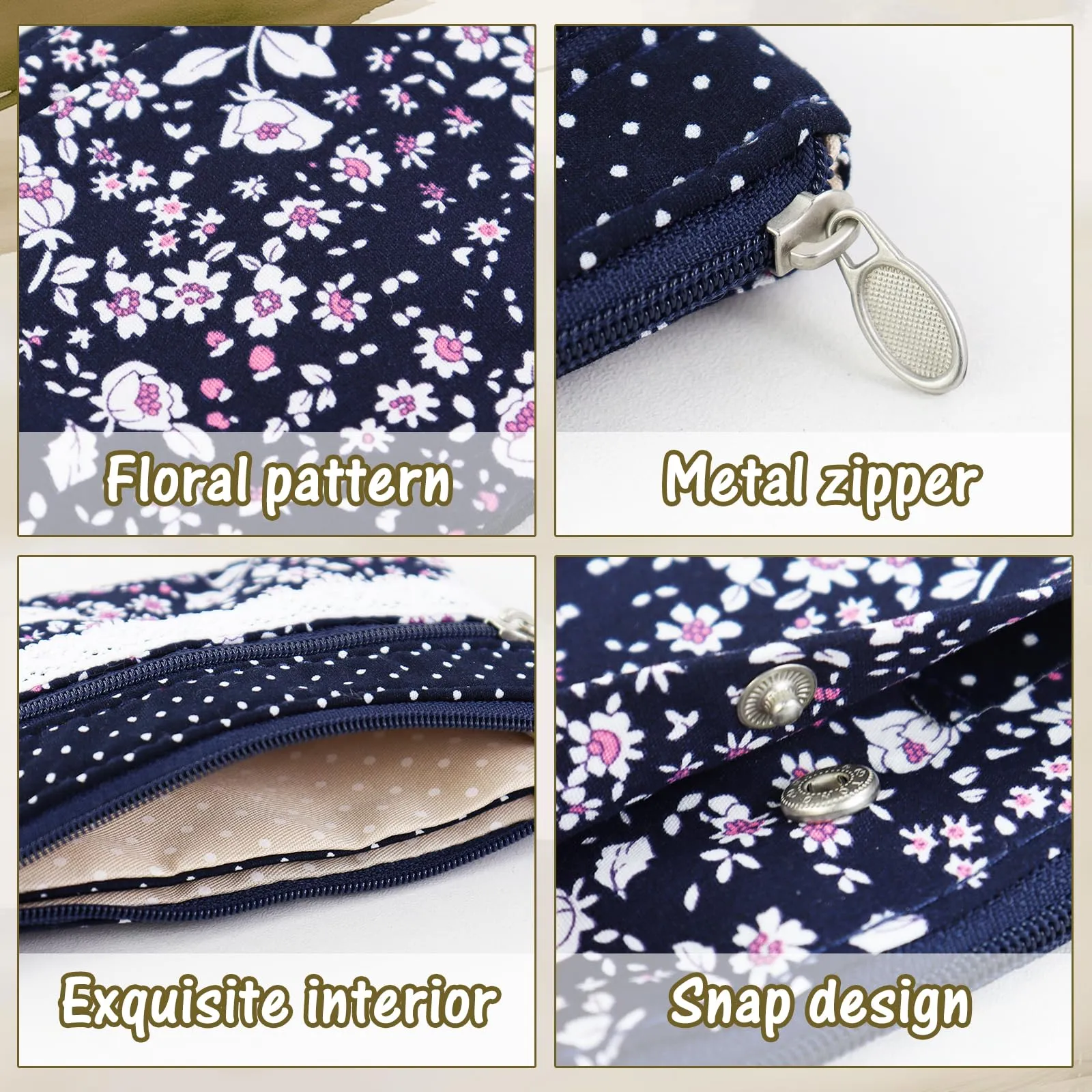 AfitLulu Portafoglio Donna Piccolo con Motivo Floreale, Mini Portamonete in Tela con 5 Tasche, Chiusura a Zip e Bottoni a Pressione (Rosa-Fiore) - immagine 3