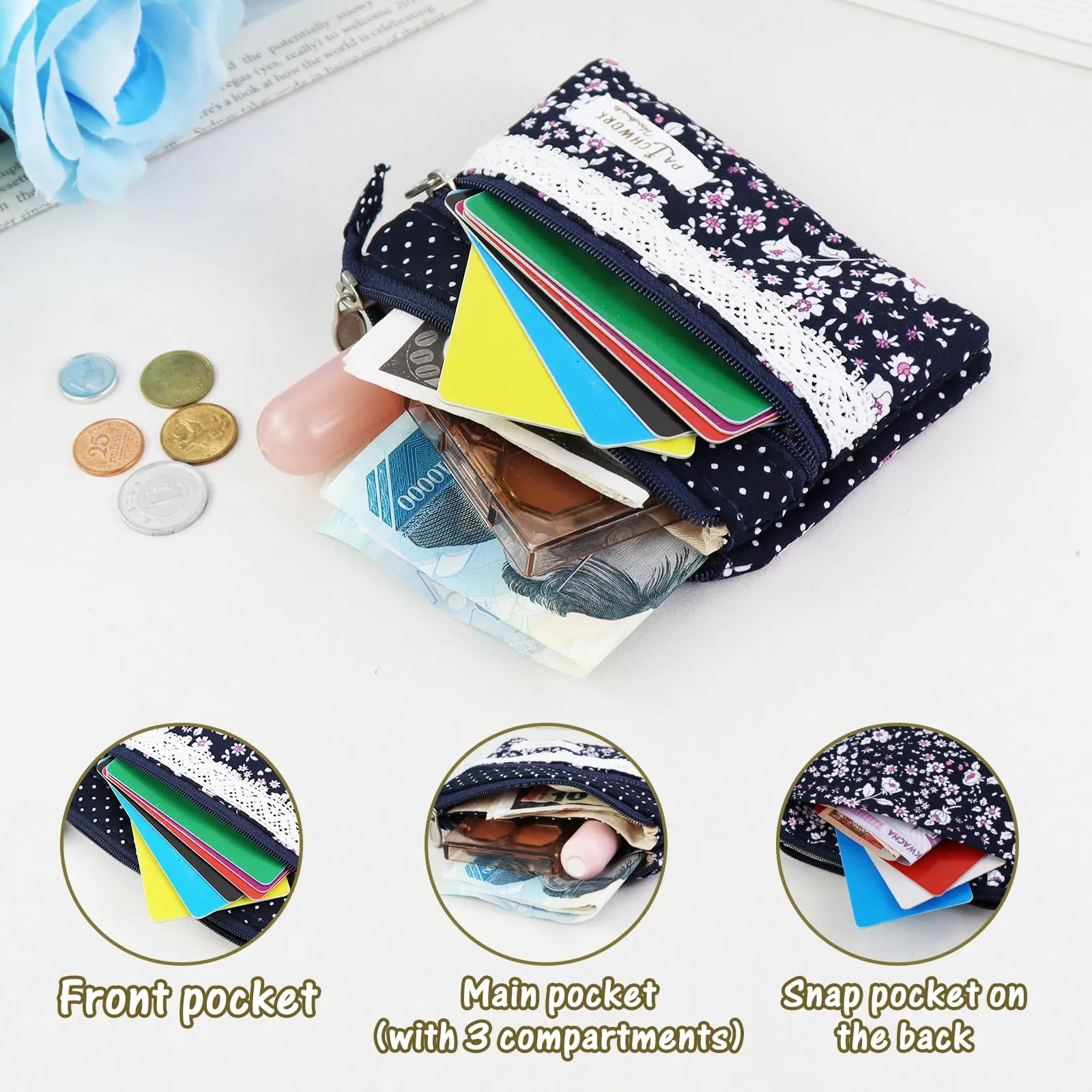 AfitLulu Portafoglio Donna Piccolo con Motivo Floreale, Mini Portamonete in Tela con 5 Tasche, Chiusura a Zip e Bottoni a Pressione (Rosa-Fiore) - immagine 4