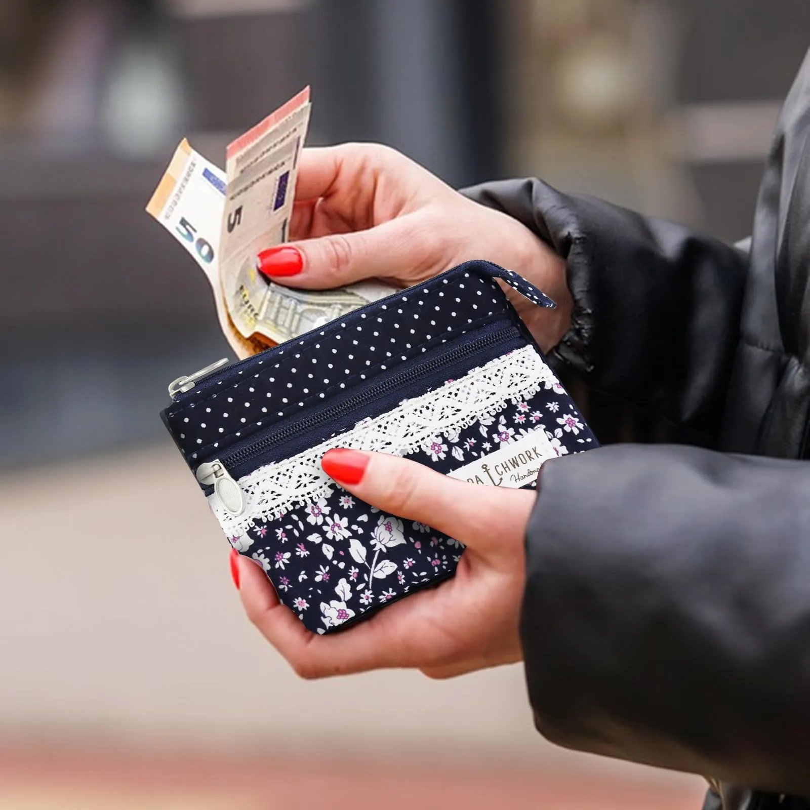 AfitLulu Portafoglio Donna Piccolo con Motivo Floreale, Mini Portamonete in Tela con 5 Tasche, Chiusura a Zip e Bottoni a Pressione (Rosa-Fiore) - immagine 6