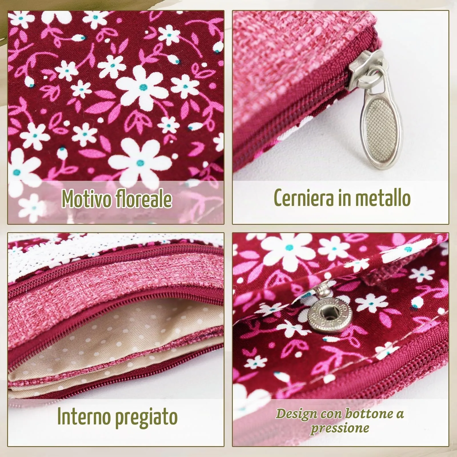AfitLulu Portafoglio Donna Piccolo Mini Fiore con 5 Tasche, Chiusura a Zip e Bottoni a Pressione (Rosso-Fiore) - immagine 3