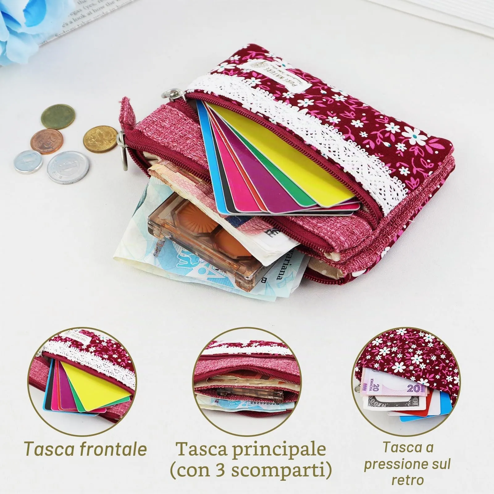 AfitLulu Portafoglio Donna Piccolo Mini Fiore con 5 Tasche, Chiusura a Zip e Bottoni a Pressione (Rosso-Fiore) - immagine 4