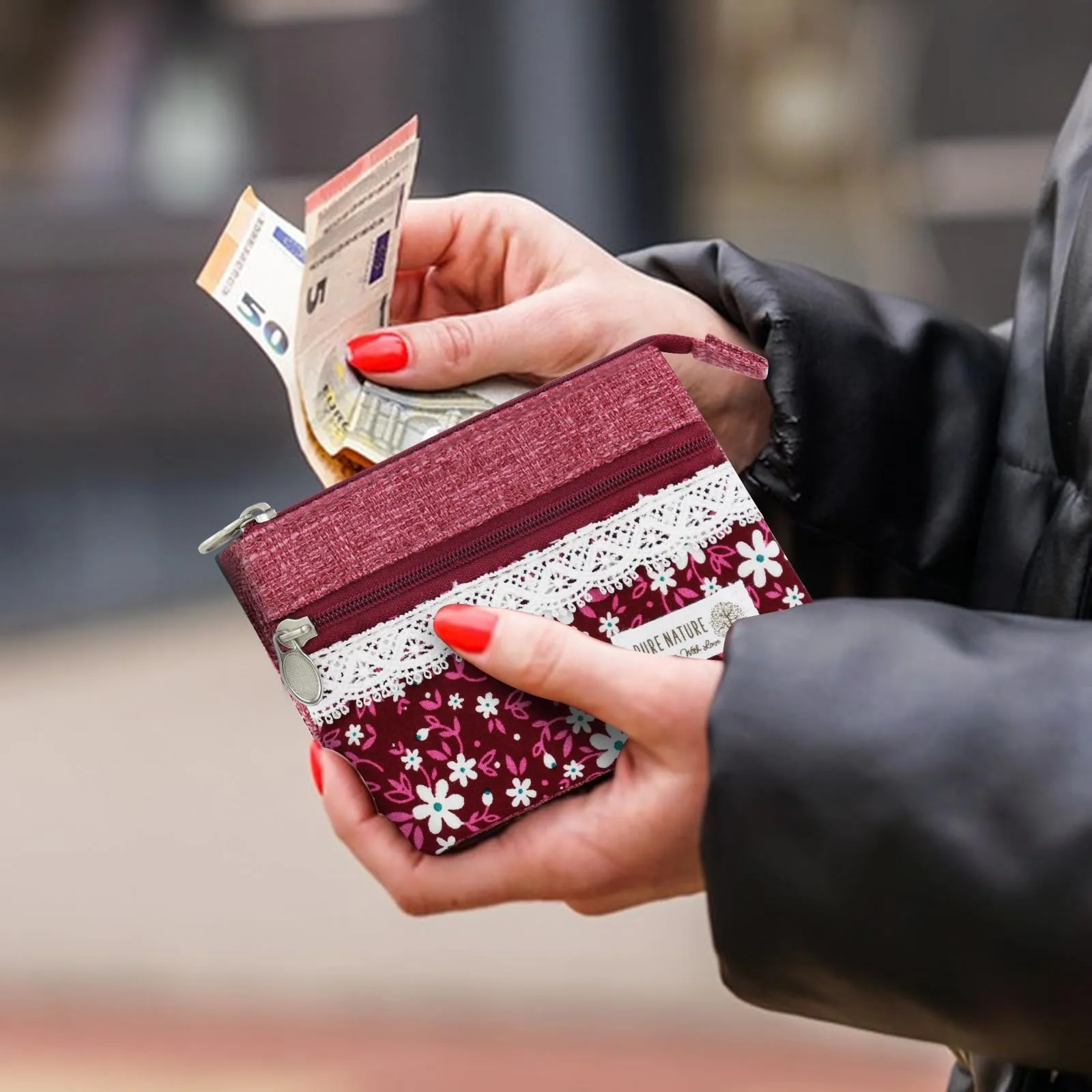 AfitLulu Portafoglio Donna Piccolo Mini Fiore con 5 Tasche, Chiusura a Zip e Bottoni a Pressione (Rosso-Fiore) - immagine 6