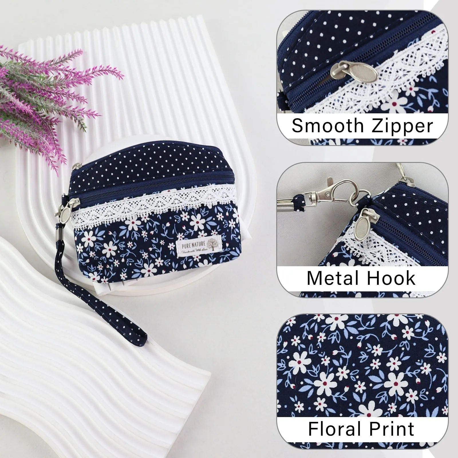AfitLulu Portafoglio Donna Piccolo Mini Fiore con Cordino da Polso, 2 Strati con Chiusura Lampo (Blu-B) - immagine 3