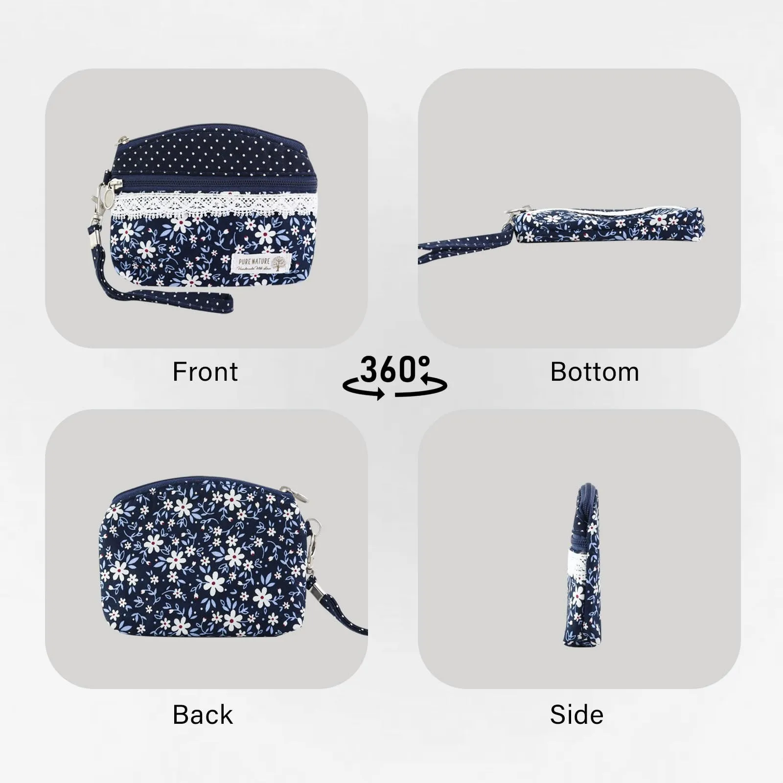 AfitLulu Portafoglio Donna Piccolo Mini Fiore con Cordino da Polso, 2 Strati con Chiusura Lampo (Blu-B) - immagine 5