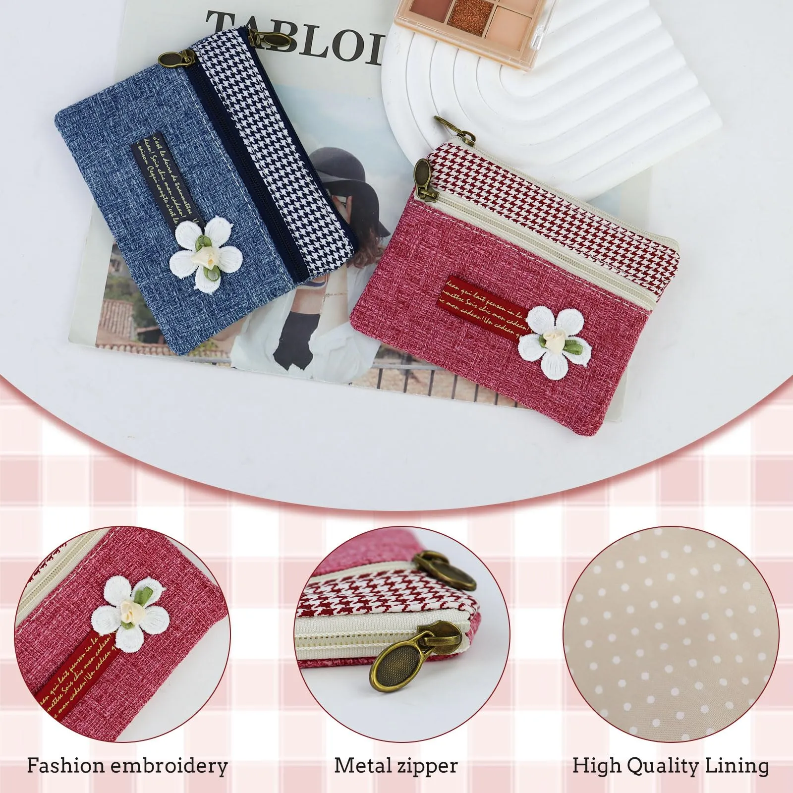 AfitLulu Piccolo Portafoglio Donna in Tela, Mini Portamonete Stile Bohémien con Chiusura Lampo (Fiore-Blu) - immagine 3