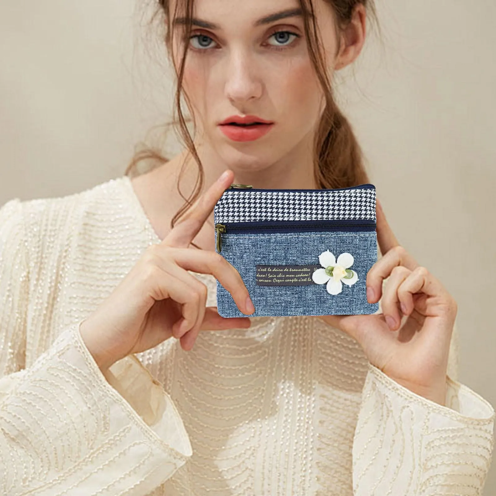 AfitLulu Piccolo Portafoglio Donna in Tela, Mini Portamonete Stile Bohémien con Chiusura Lampo (Fiore-Blu) - immagine 5