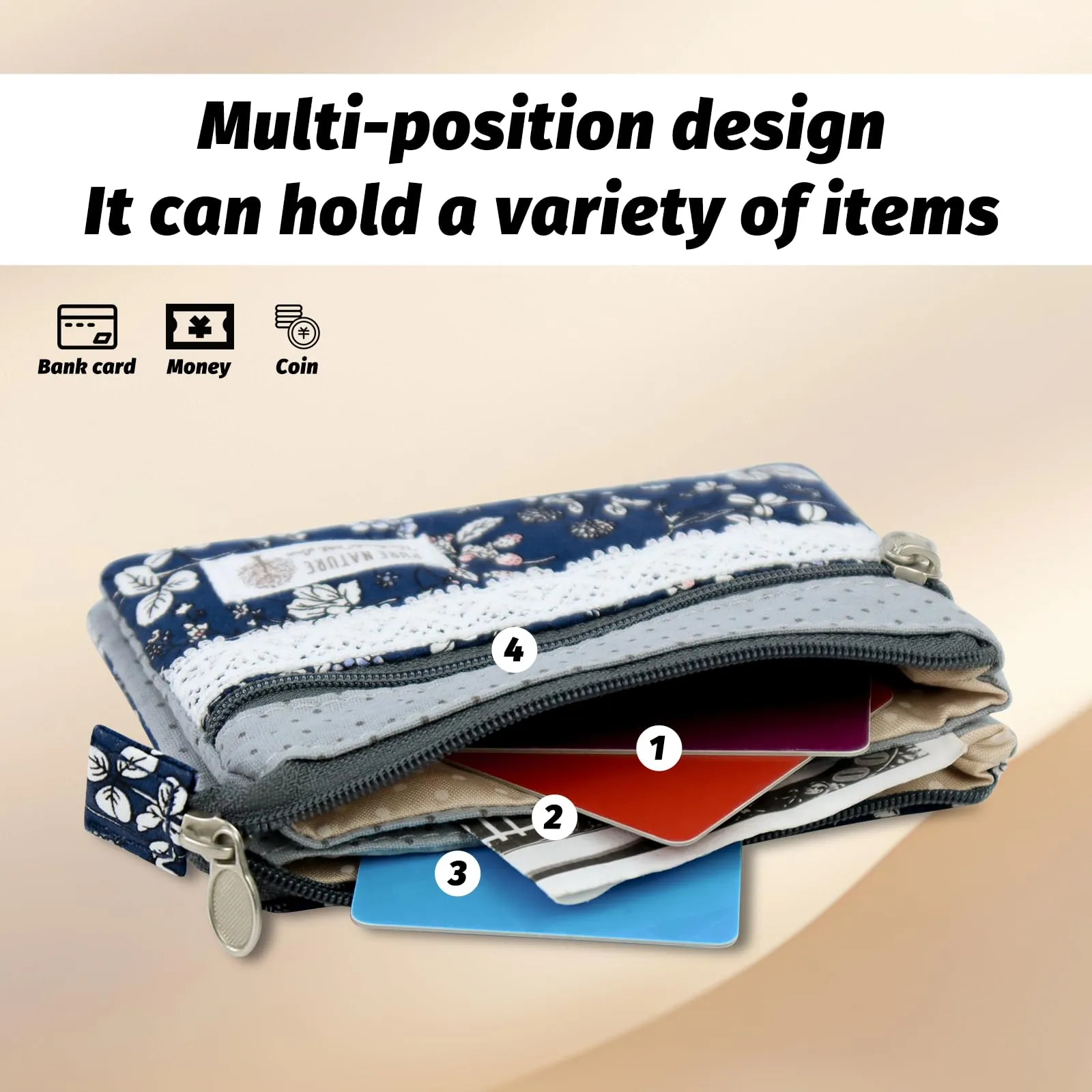 AfitLulu Portafoglio Donna Piccolo Mini Fiore, Portamonete in Tela con 4 Tasche e Chiusura Lampo (Fiore B) - immagine 4