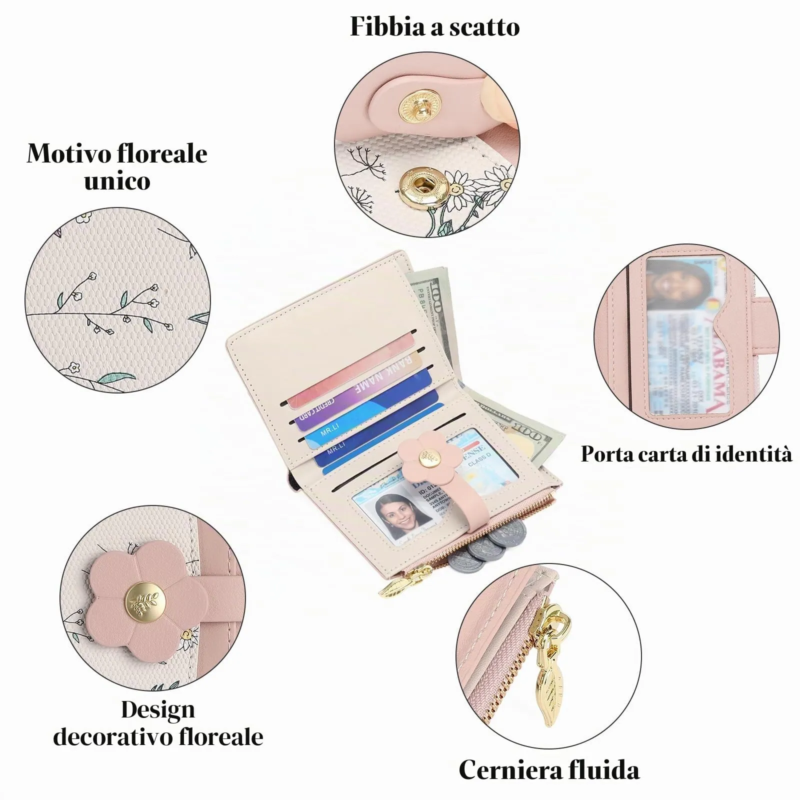 GAEKEAO Portafoglio Donna Piccolo in Pelle con Blocco RFID, Portacarte e Portamonete con Cerniera, Motivo Floreale - immagine 3