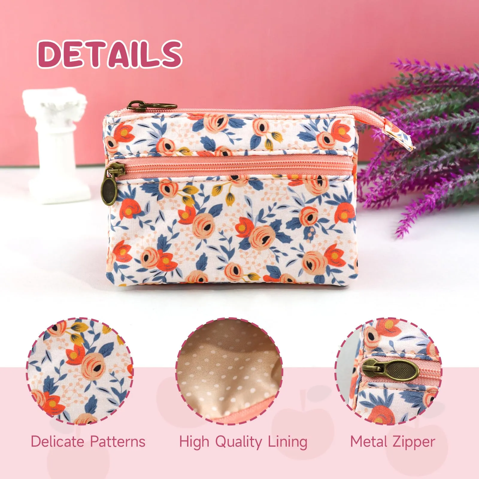 AfitLulu Portafoglio Donna Piccolo Mini Fiore con Chiusura Lampo, Rosa-1 - immagine 3