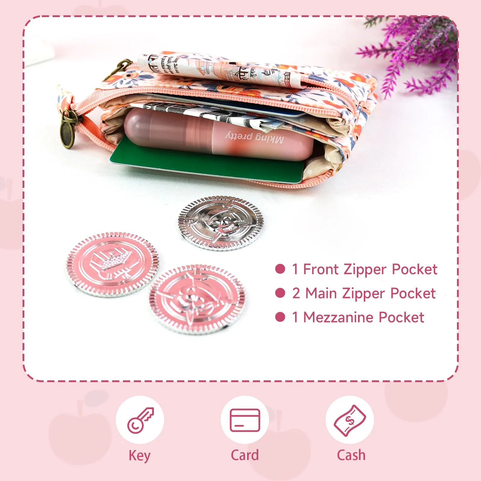 AfitLulu Portafoglio Donna Piccolo Mini Fiore con Chiusura Lampo, Rosa-1 - immagine 4