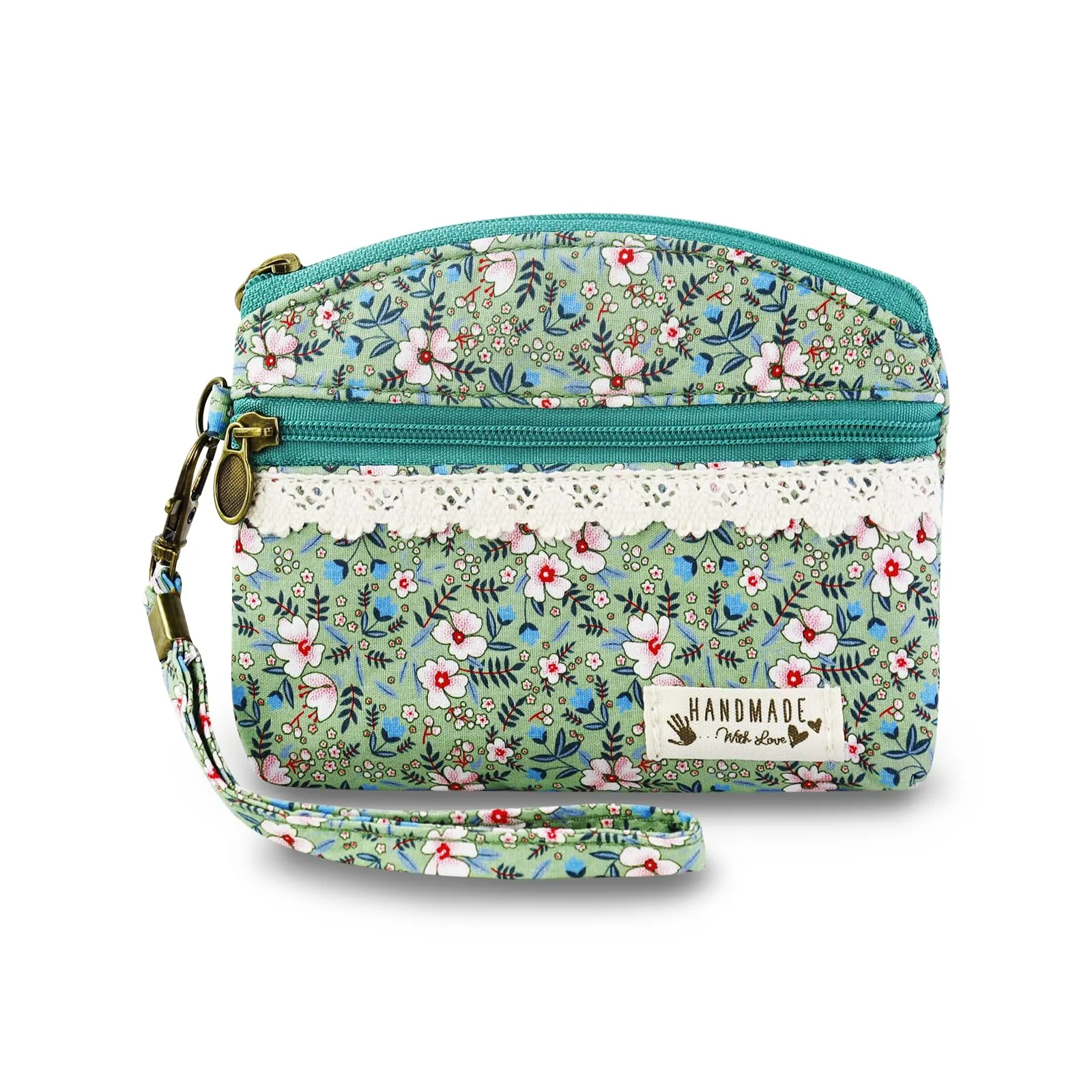 AfitLulu Portafoglio Donna Piccolo Mini Fiore in Tela, Portamonete a 2 Strati con Chiusura Lampo, Verde con Cordino - immagine 1