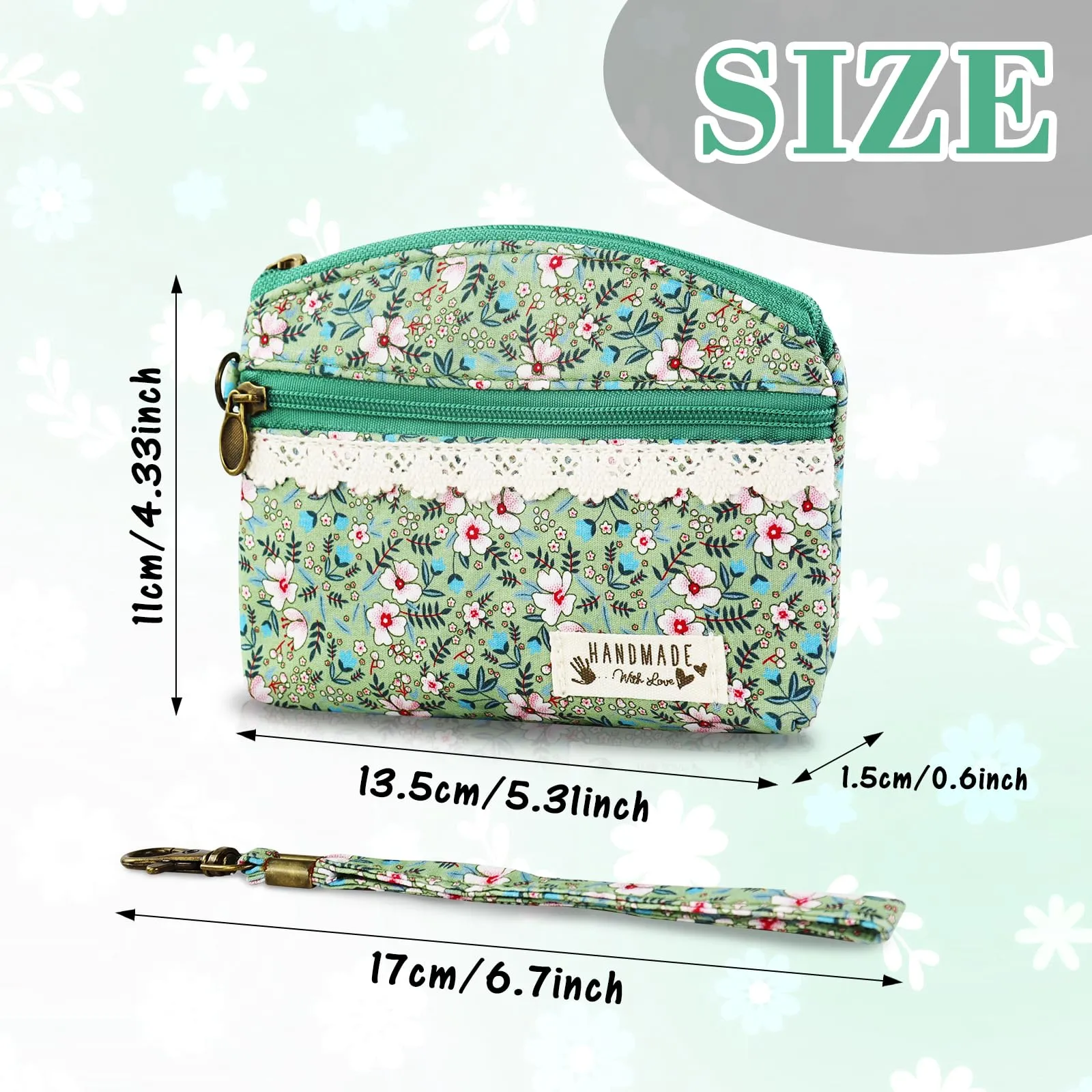 AfitLulu Portafoglio Donna Piccolo Mini Fiore in Tela, Portamonete a 2 Strati con Chiusura Lampo, Verde con Cordino - immagine 2