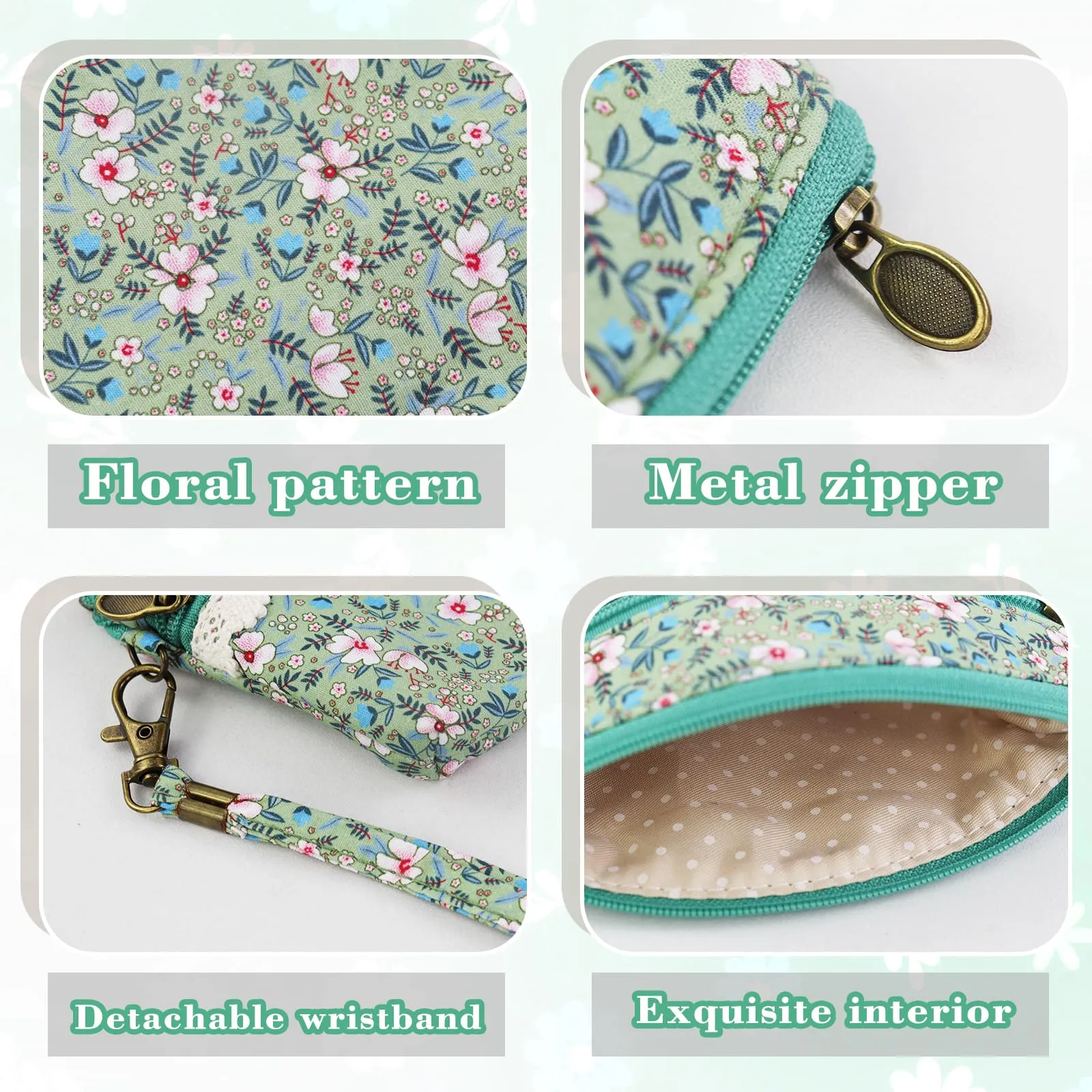 AfitLulu Portafoglio Donna Piccolo Mini Fiore in Tela, Portamonete a 2 Strati con Chiusura Lampo, Verde con Cordino - immagine 3