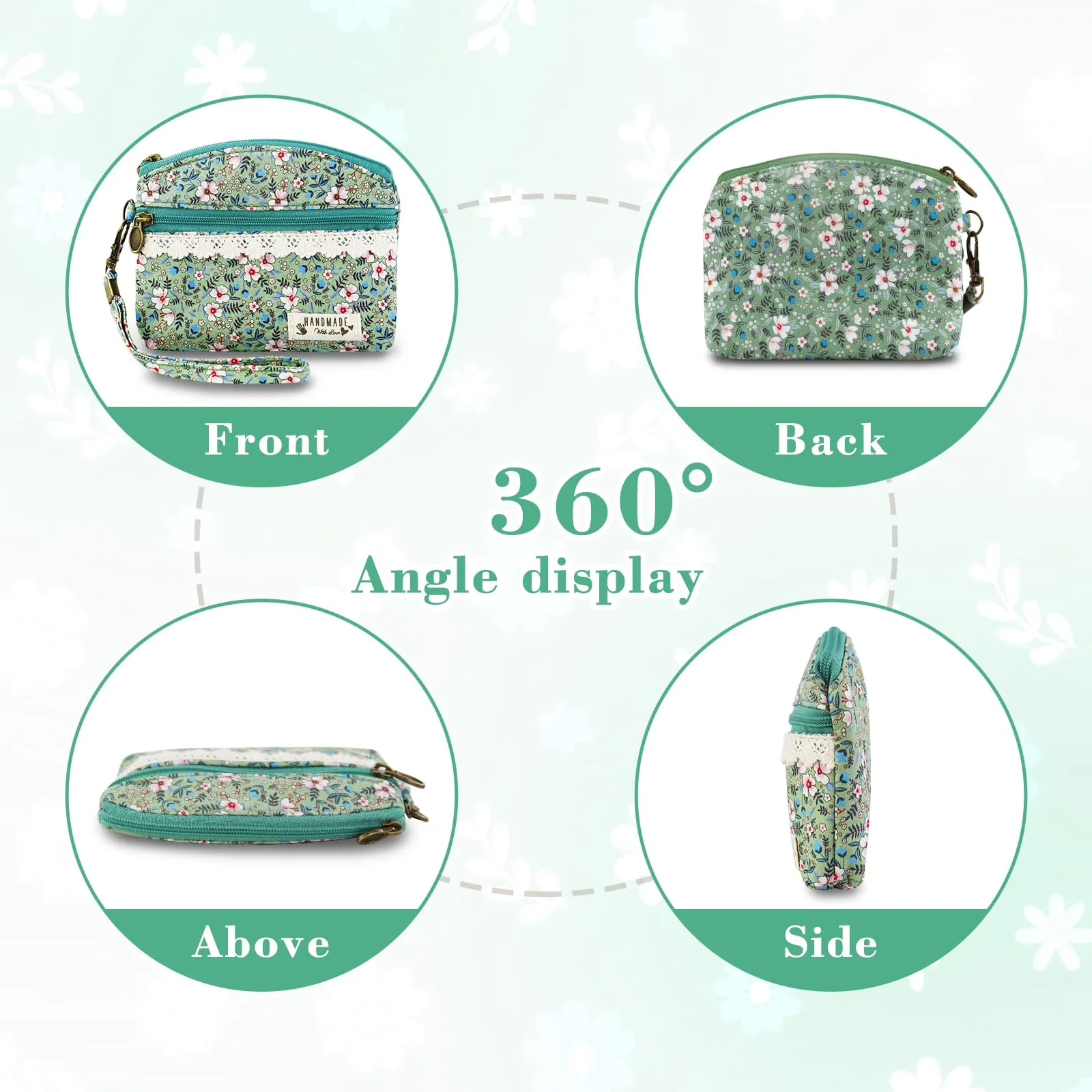 AfitLulu Portafoglio Donna Piccolo Mini Fiore in Tela, Portamonete a 2 Strati con Chiusura Lampo, Verde con Cordino - immagine 4