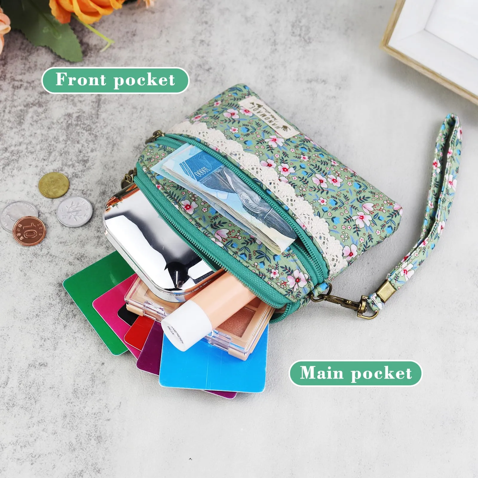 AfitLulu Portafoglio Donna Piccolo Mini Fiore in Tela, Portamonete a 2 Strati con Chiusura Lampo, Verde con Cordino - immagine 5