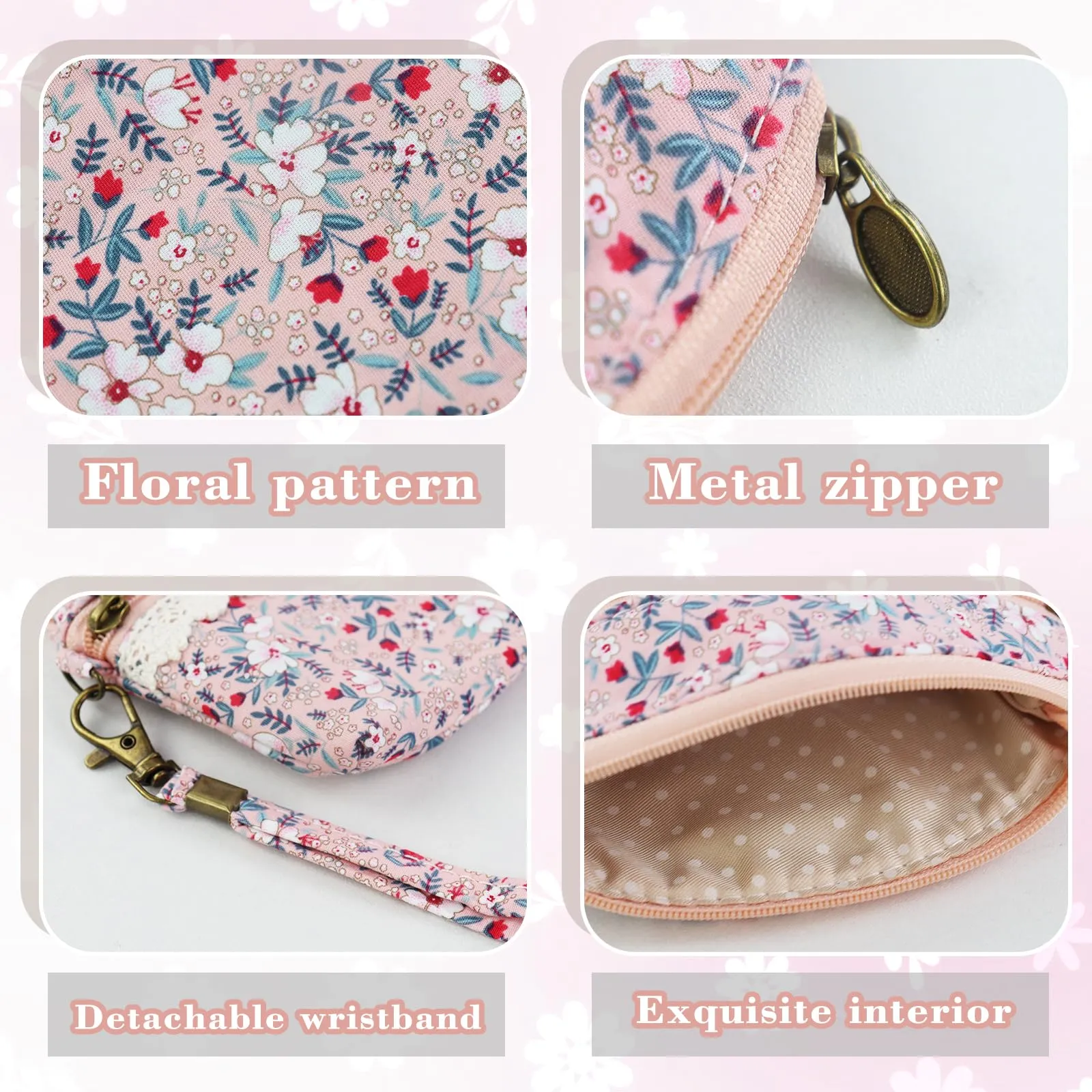 AfitLulu Portafoglio Donna Piccolo con Fiore, Portamonete a 2 Strati con Chiusura Lampo, Rosa con Cordino - immagine 3
