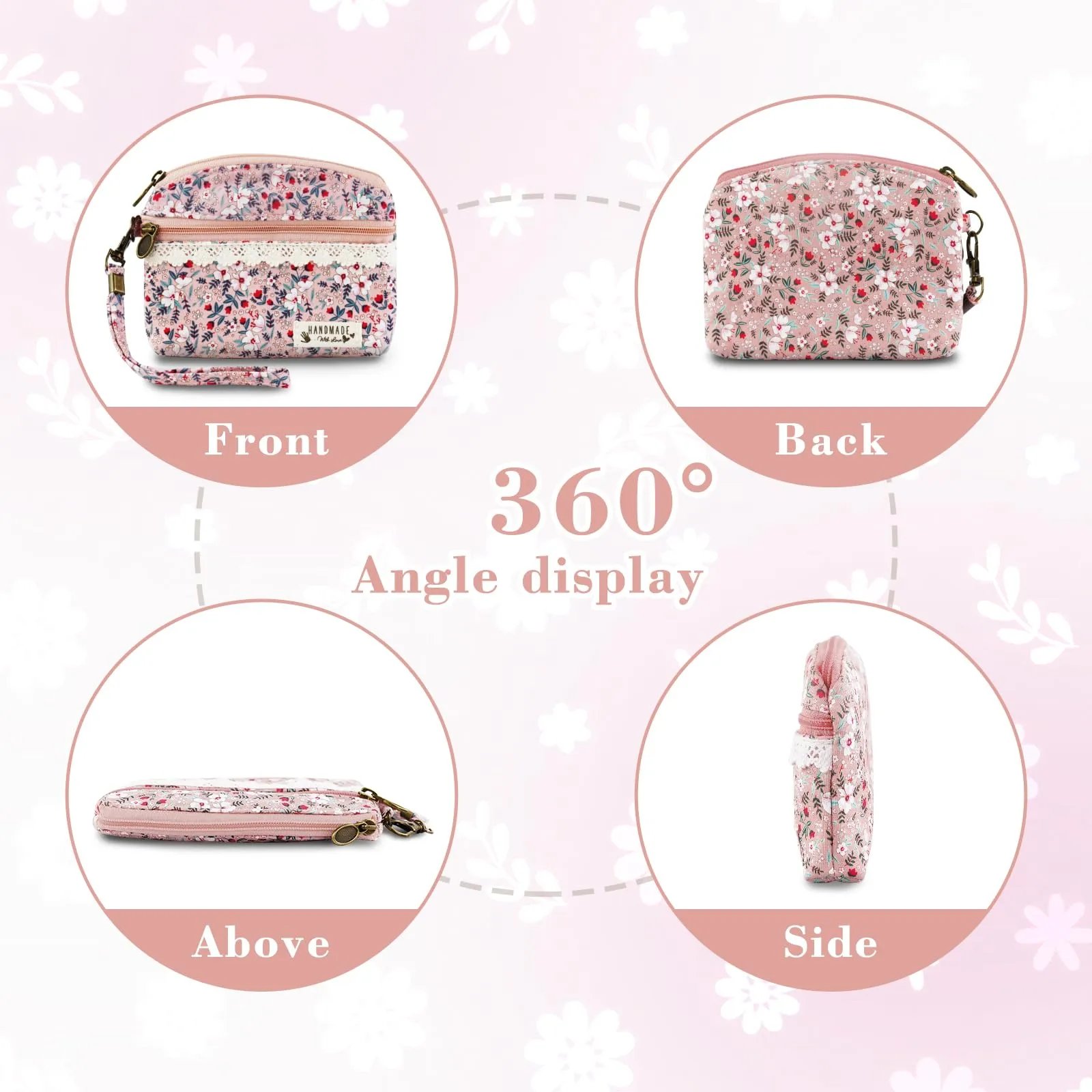AfitLulu Portafoglio Donna Piccolo con Fiore, Portamonete a 2 Strati con Chiusura Lampo, Rosa con Cordino - immagine 4