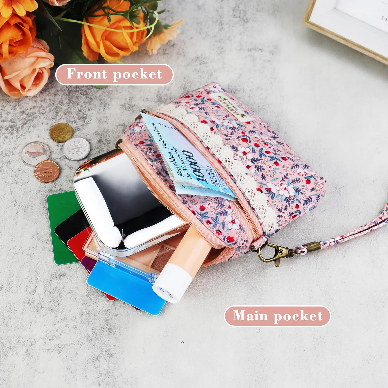 AfitLulu Portafoglio Donna Piccolo con Fiore, Portamonete a 2 Strati con Chiusura Lampo, Rosa con Cordino - immagine 5