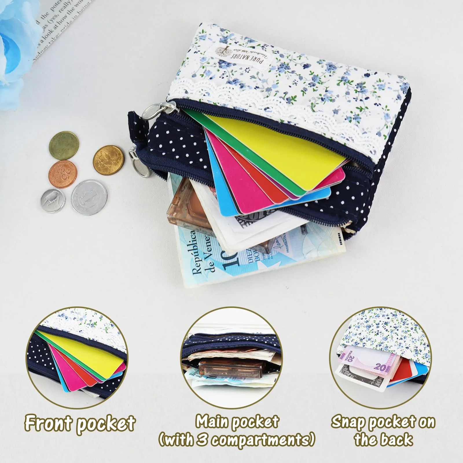 AfitLulu Portafoglio Donna Piccolo Floreale in Tela, Mini Portamonete con 5 Tasche, Chiusura a Zip e Bottoni a Pressione, Bianco - immagine 4