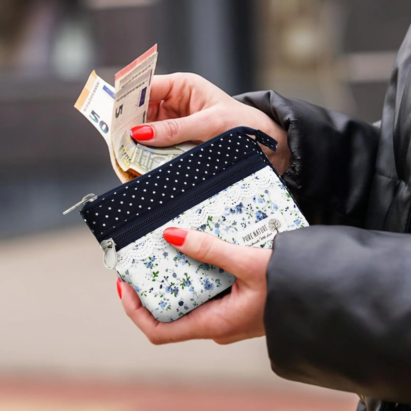 AfitLulu Portafoglio Donna Piccolo Floreale in Tela, Mini Portamonete con 5 Tasche, Chiusura a Zip e Bottoni a Pressione, Bianco - immagine 6