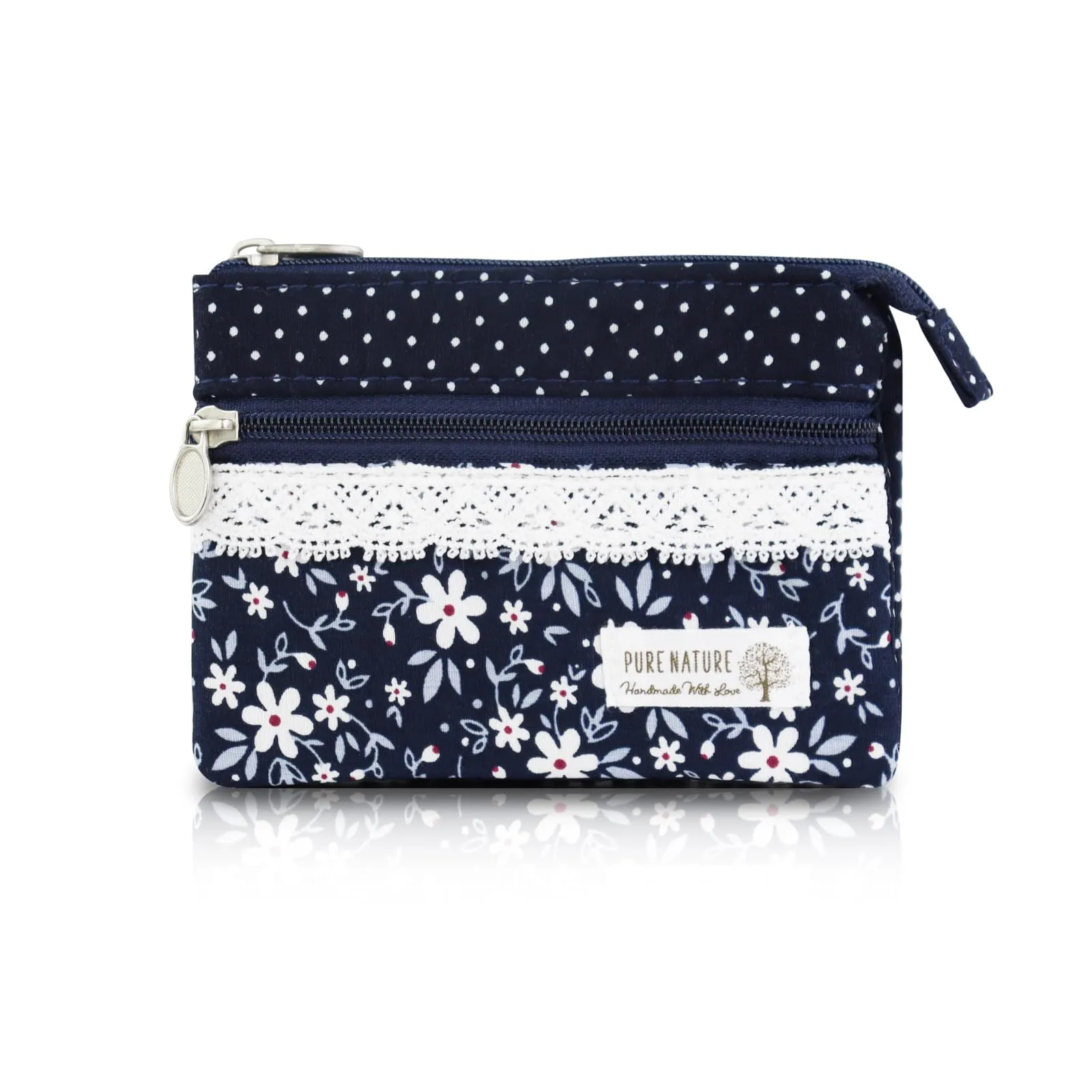 AfitLulu Portafoglio Donna Piccolo in Tela, Mini Portamonete con Fiore Ricamato, 5 Tasche con Zip e Bottoni a Pressione, Blu-Fiore - immagine 1