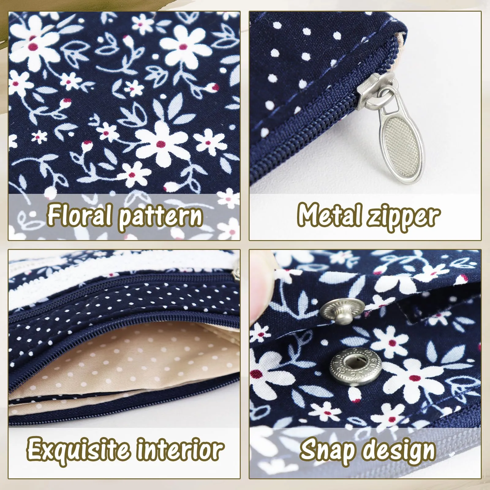 AfitLulu Portafoglio Donna Piccolo in Tela, Mini Portamonete con Fiore Ricamato, 5 Tasche con Zip e Bottoni a Pressione, Blu-Fiore - immagine 3
