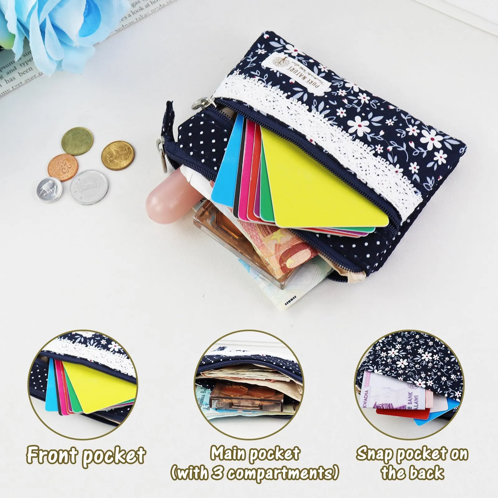 AfitLulu Portafoglio Donna Piccolo in Tela, Mini Portamonete con Fiore Ricamato, 5 Tasche con Zip e Bottoni a Pressione, Blu-Fiore - immagine 4
