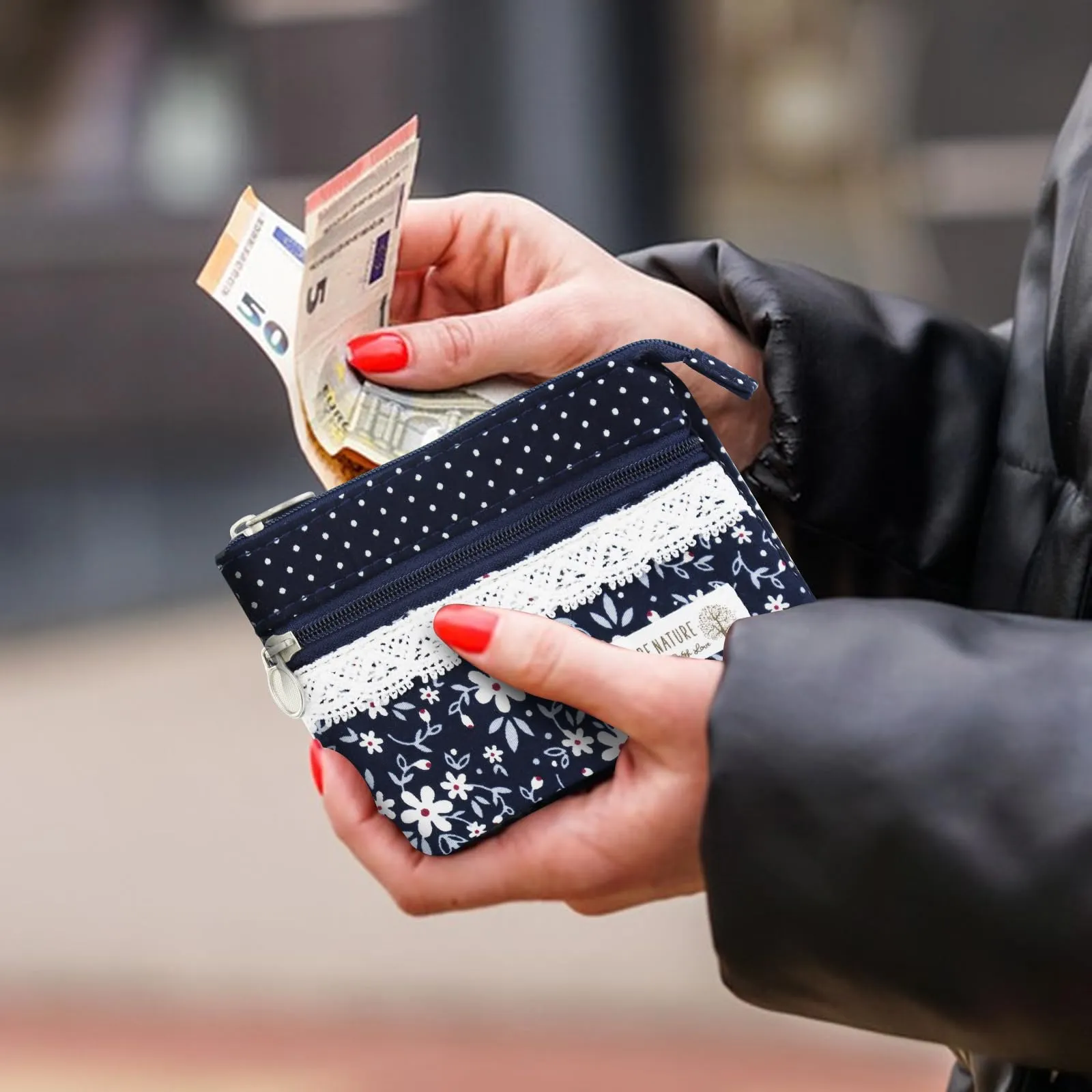 AfitLulu Portafoglio Donna Piccolo in Tela, Mini Portamonete con Fiore Ricamato, 5 Tasche con Zip e Bottoni a Pressione, Blu-Fiore - immagine 6