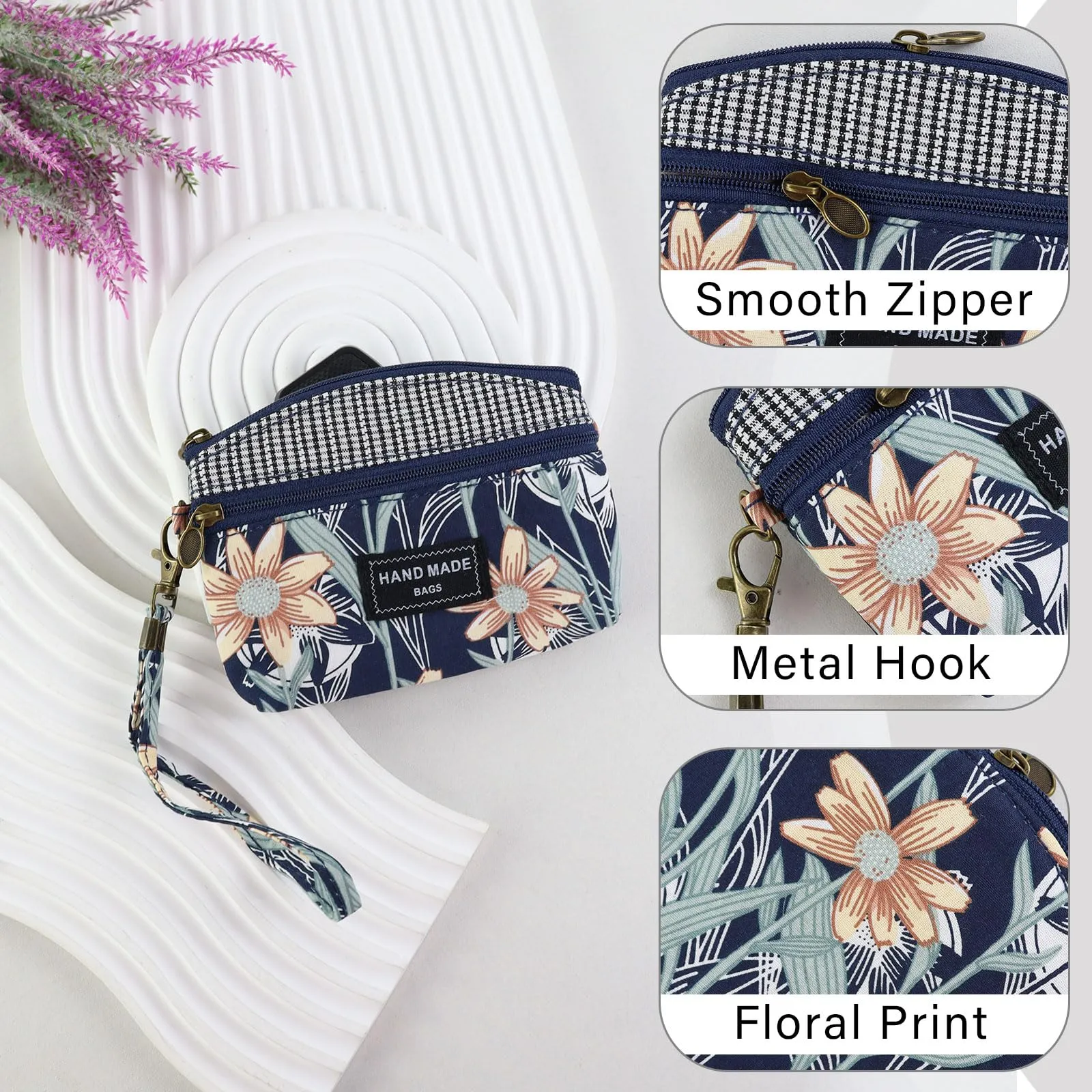 AfitLulu Portafoglio Donna Piccolo in Tela, Mini Portamonete Floreale con Chiusura Lampo e Cordino da Polso, Blu Reale - immagine 3