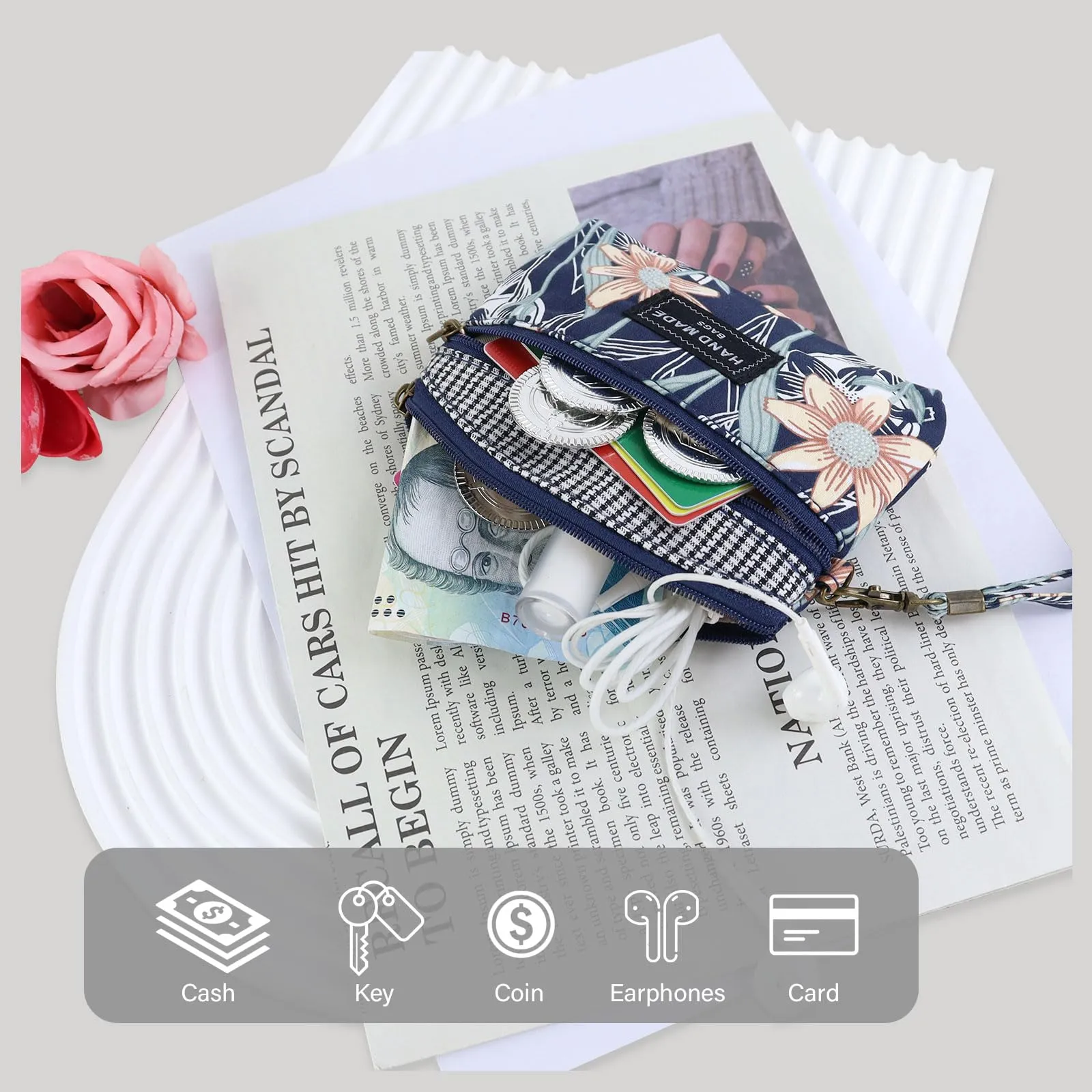 AfitLulu Portafoglio Donna Piccolo in Tela, Mini Portamonete Floreale con Chiusura Lampo e Cordino da Polso, Blu Reale - immagine 4