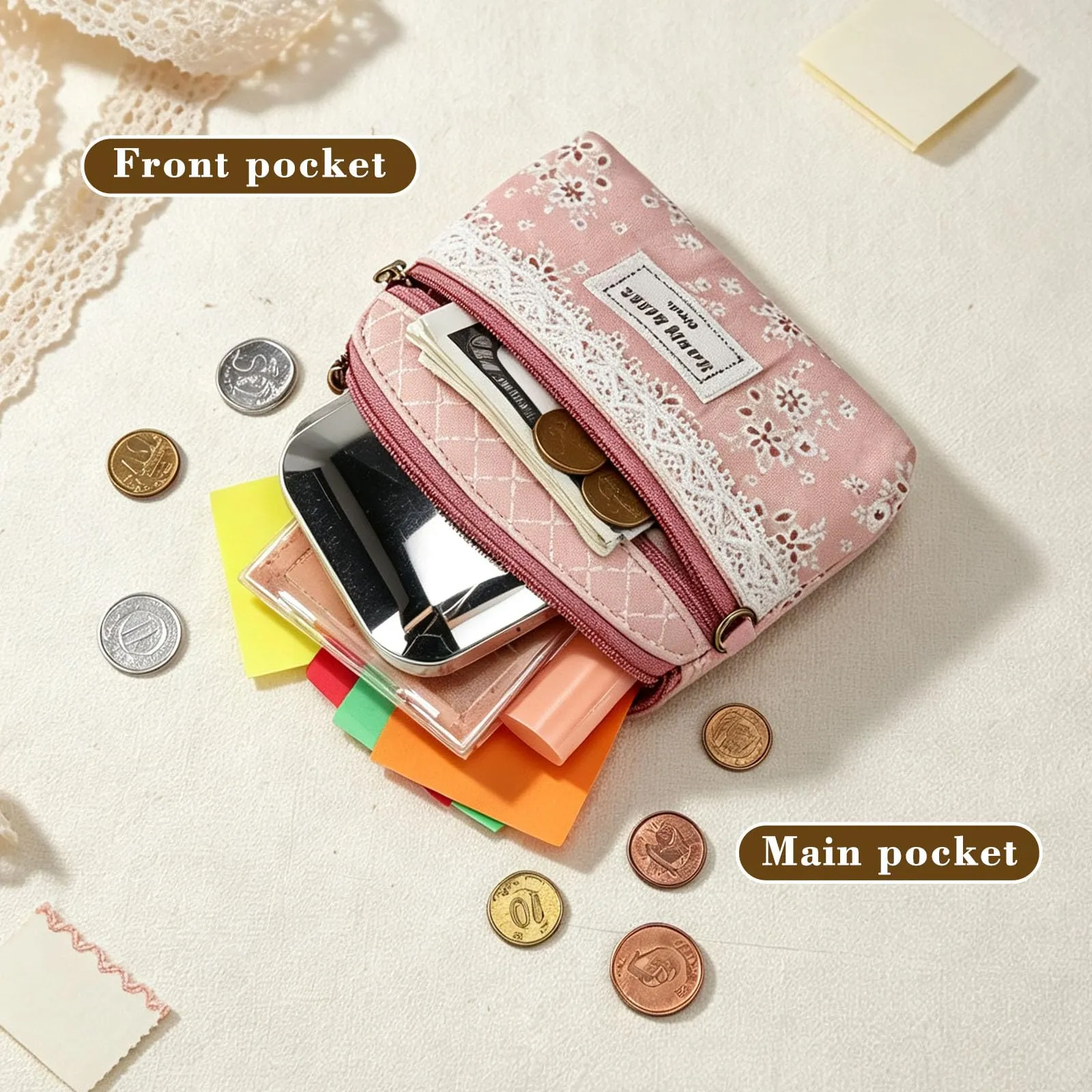 AfitLulu Piccolo Portafoglio da Donna in Tela, 2 Strati con Cerniera, Stile Bohémien, Rosa Polveroso, 13x10x1cm - immagine 3