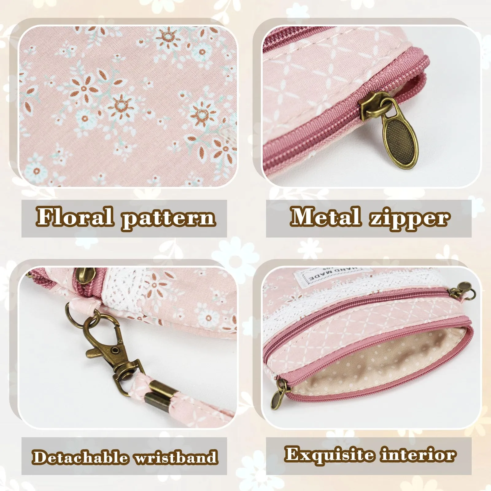AfitLulu Piccolo Portafoglio da Donna in Tela, 2 Strati con Cerniera, Stile Bohémien, Rosa Polveroso, 13x10x1cm - immagine 4