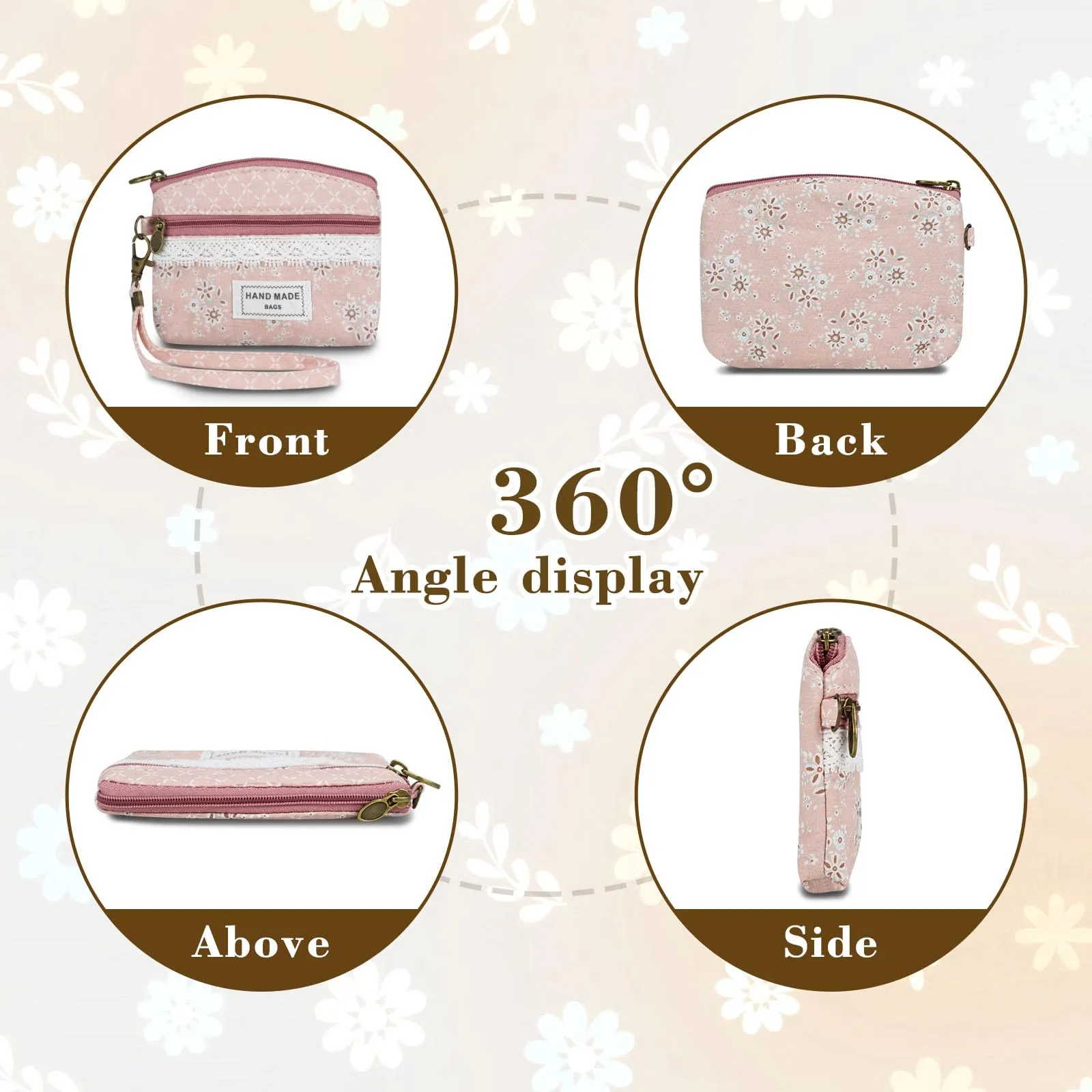 AfitLulu Piccolo Portafoglio da Donna in Tela, 2 Strati con Cerniera, Stile Bohémien, Rosa Polveroso, 13x10x1cm - immagine 5