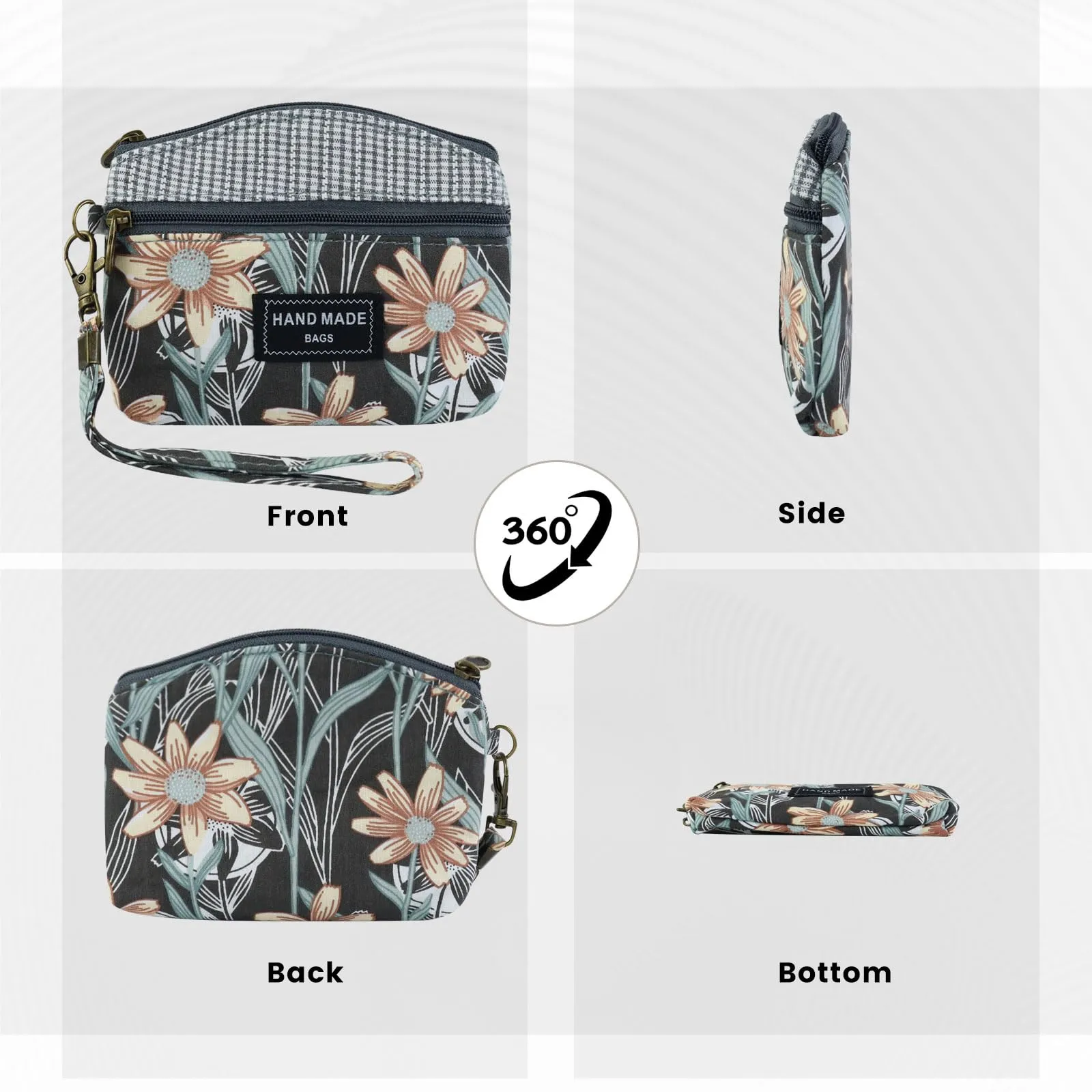 AfitLulu Piccolo Portafoglio da Donna in Tela, 2 Strati con Cerniera, Stile Bohémien, Foglie Lunghe, Grigio, 13x10x1cm - immagine 5