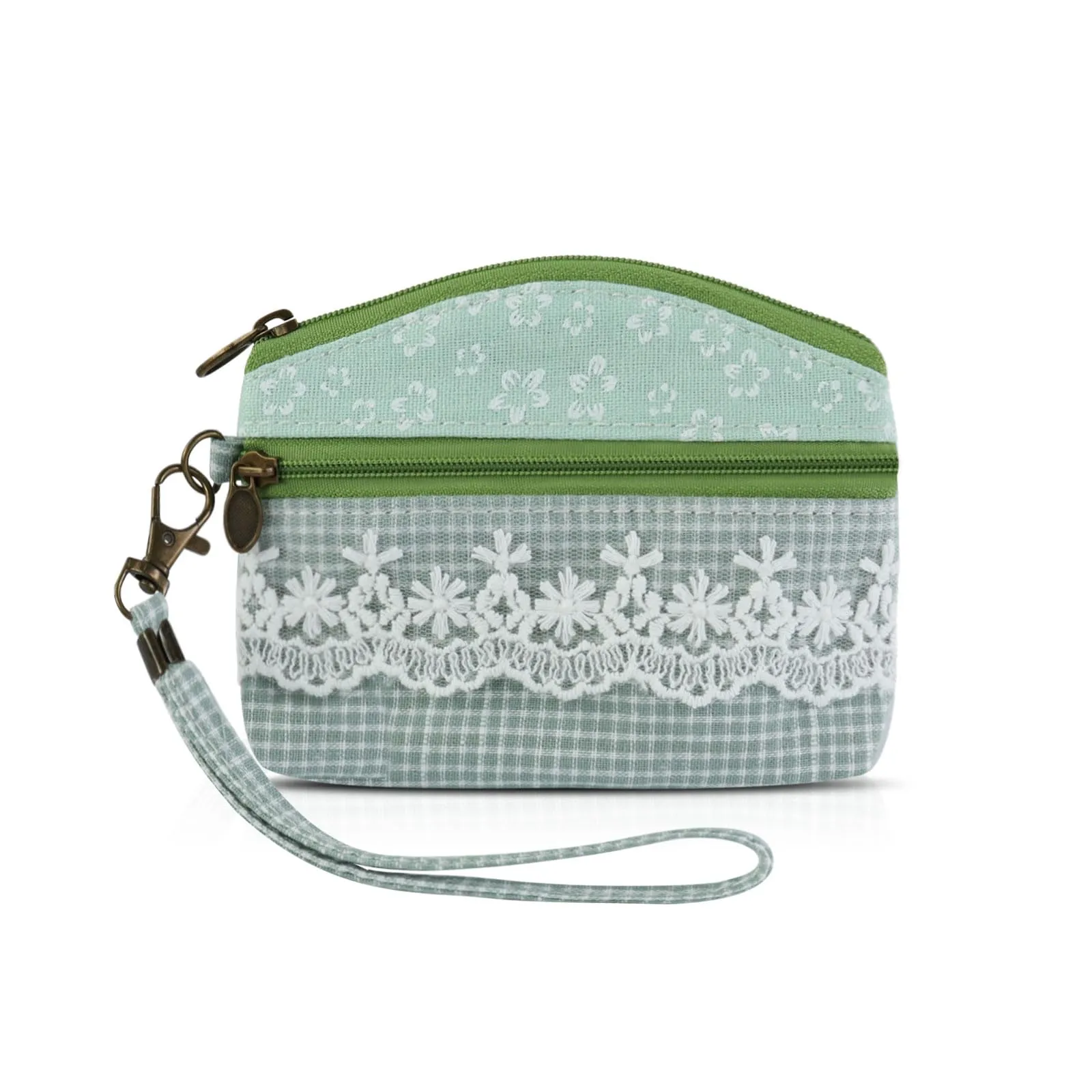 AfitLulu Piccolo Portafoglio da Donna in Tela, 2 Strati con Cerniera, Stile Bohémien, Verde Pizzo, 13x10x1cm - immagine 1