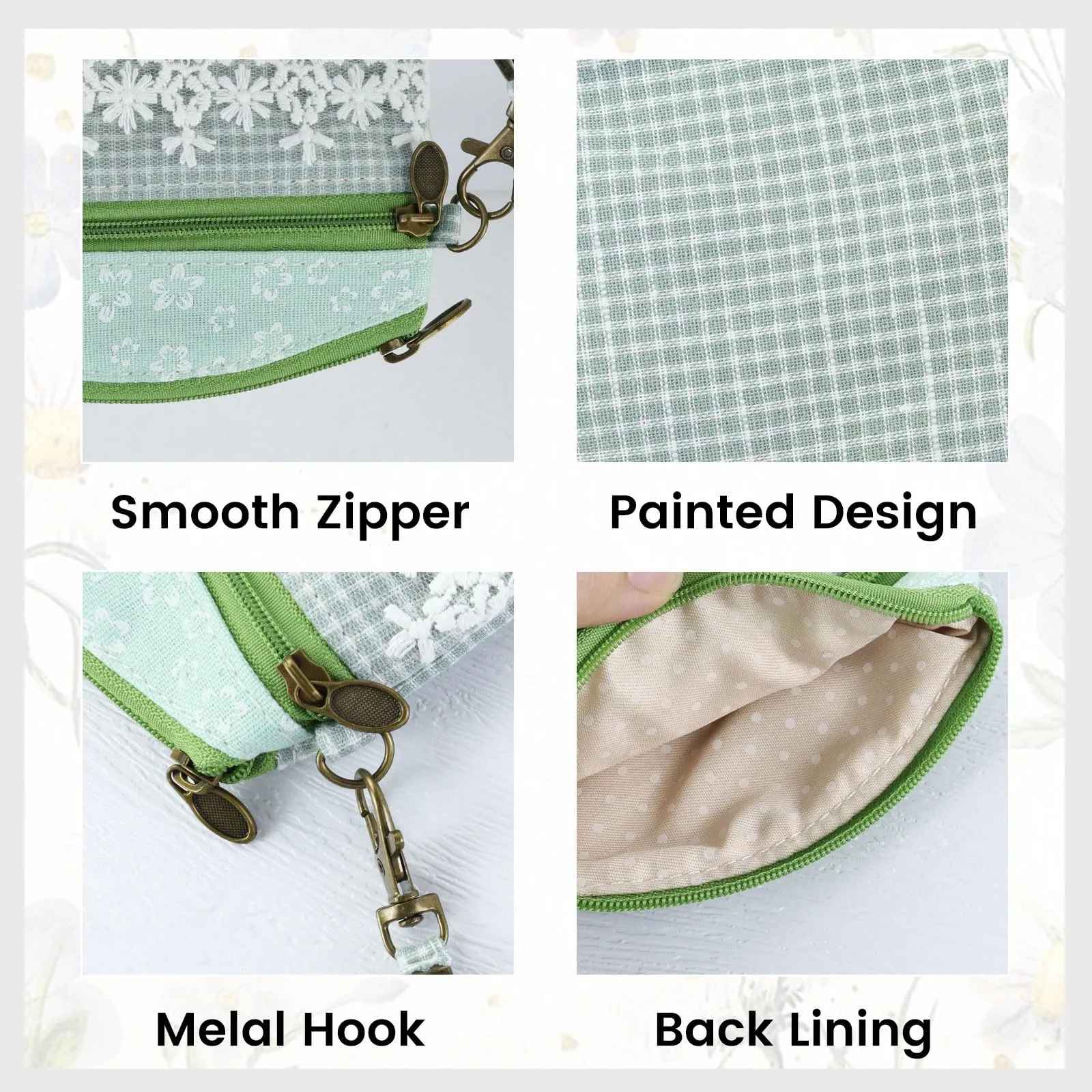 AfitLulu Piccolo Portafoglio da Donna in Tela, 2 Strati con Cerniera, Stile Bohémien, Verde Pizzo, 13x10x1cm - immagine 3