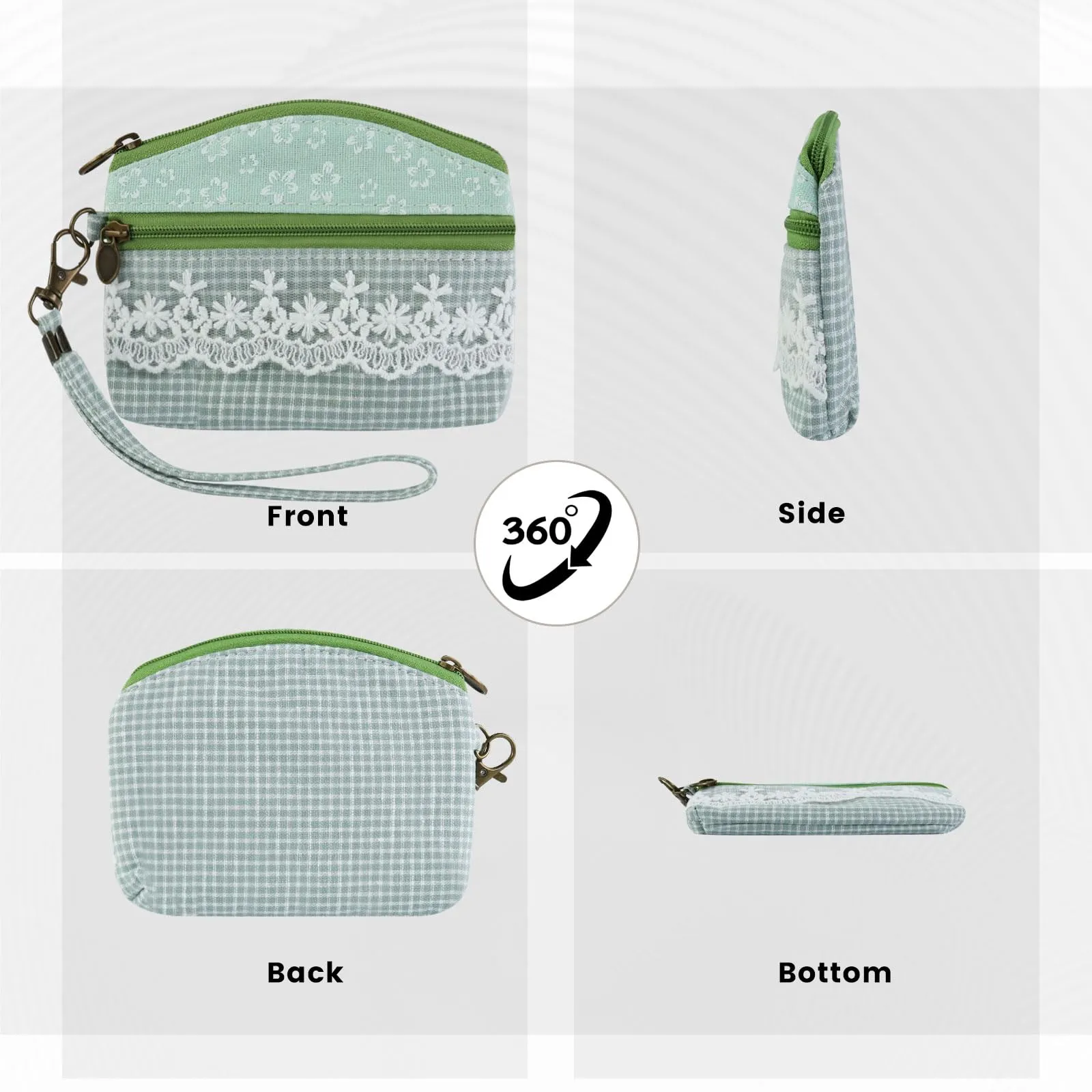 AfitLulu Piccolo Portafoglio da Donna in Tela, 2 Strati con Cerniera, Stile Bohémien, Verde Pizzo, 13x10x1cm - immagine 5