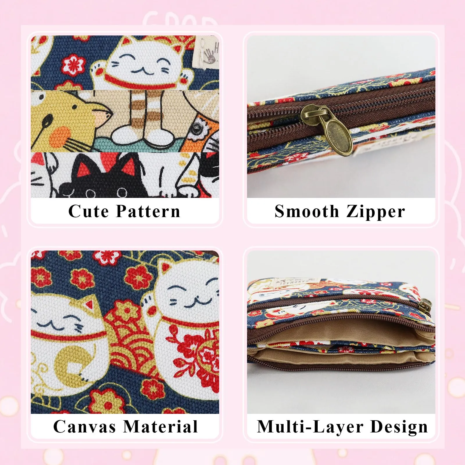 AfitLulu Portafoglio da Donna in Tela, 2 Strati con Cerniera, Stile Bohémien, Gatto Portafortuna, 13x10x1cm - immagine 4