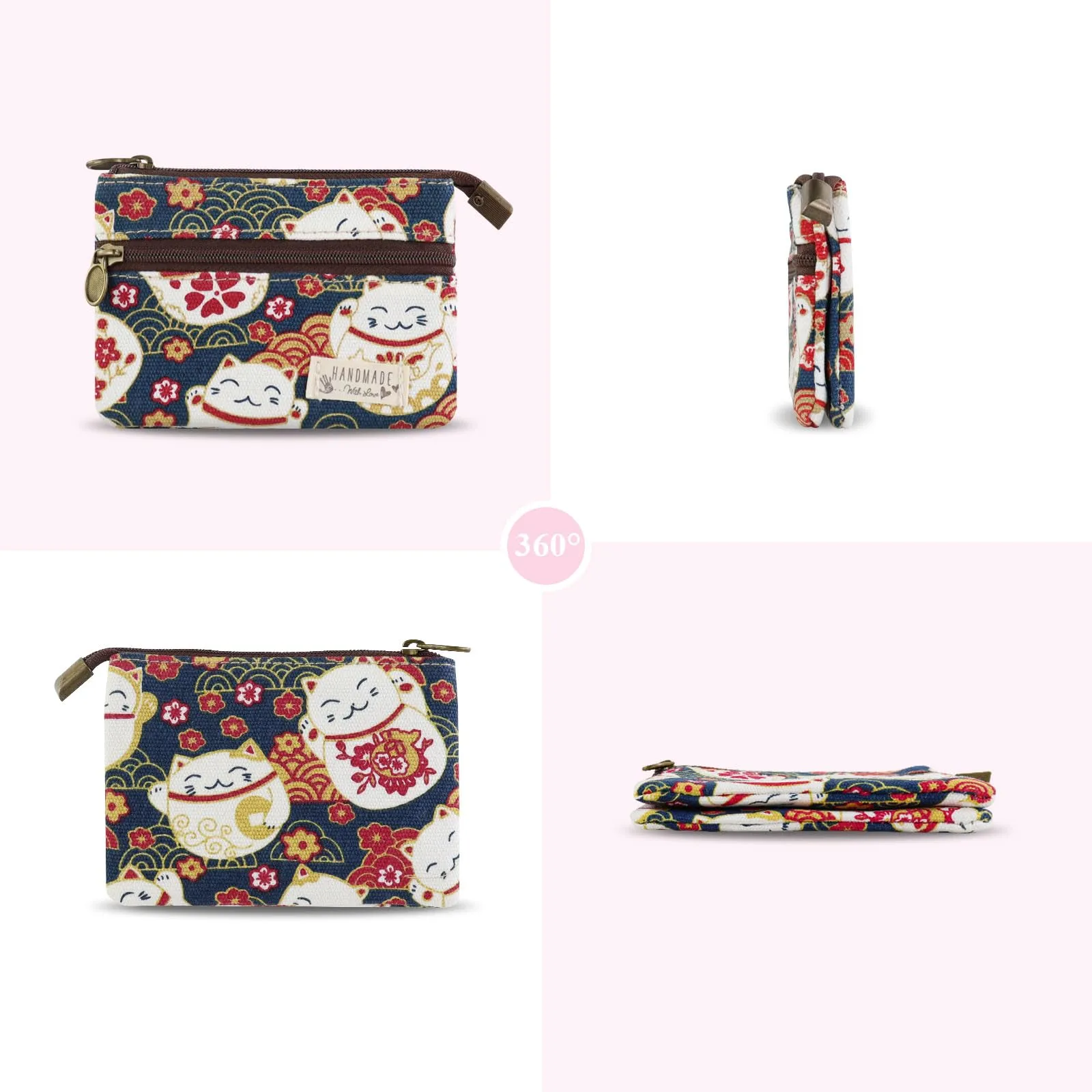 AfitLulu Portafoglio da Donna in Tela, 2 Strati con Cerniera, Stile Bohémien, Gatto Portafortuna, 13x10x1cm - immagine 5